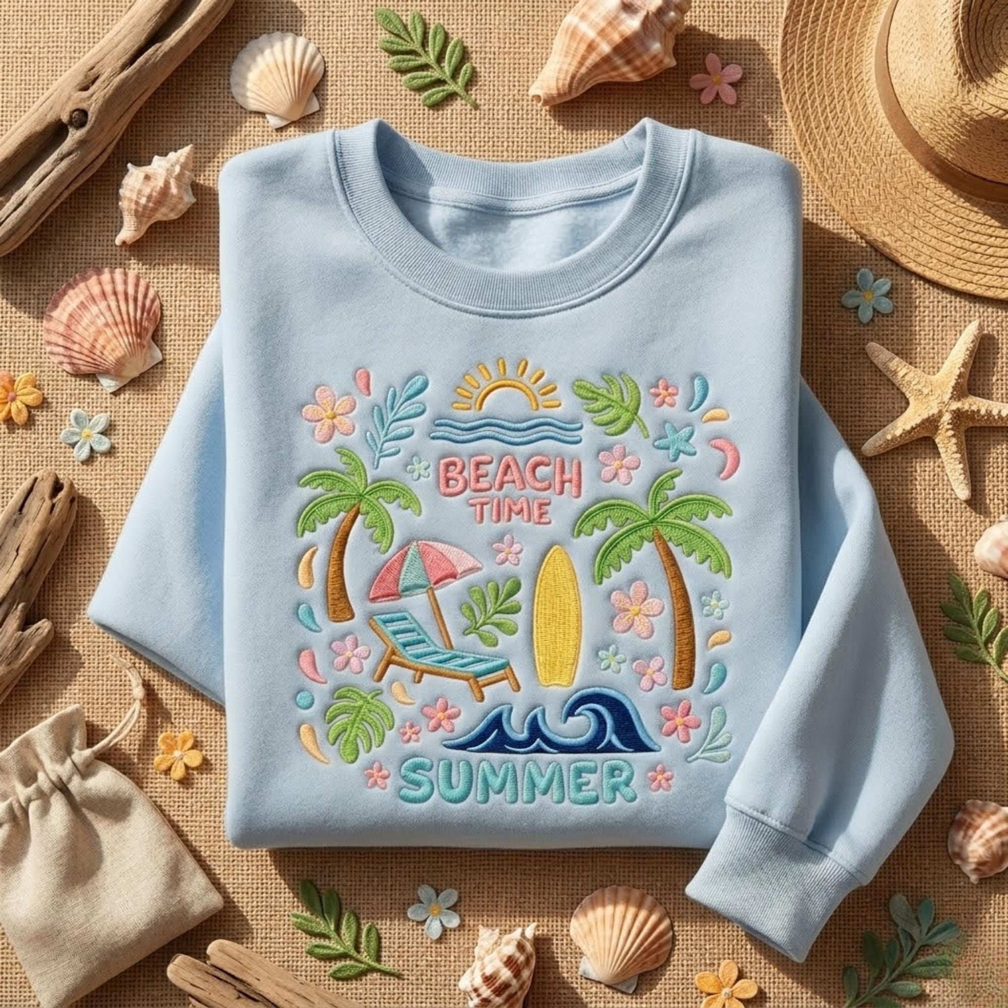 Beach Time Summer Embroidered Sweatshirt Tropical Palm Tree Surf Design Vacation Shirt Coastal Aesthetic Cute Summer Outfit Gift