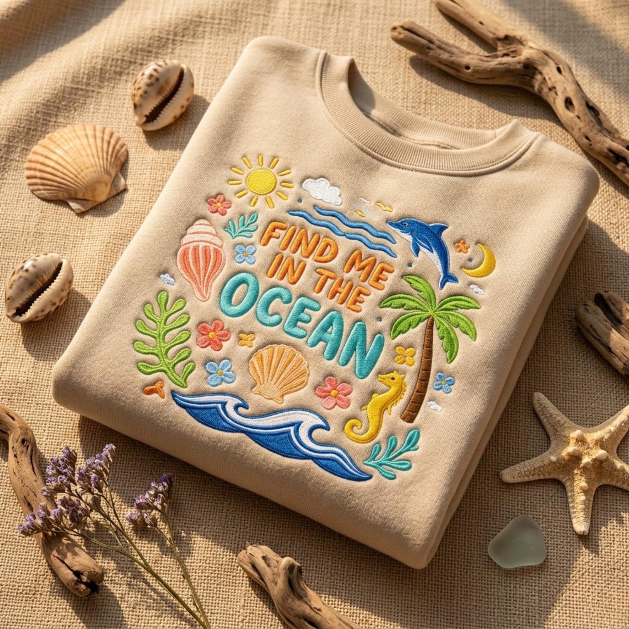 Find Me In The Ocean Embroidered Sweatshirt Beach Summer Design Coastal Aesthetic Shirt Vacation Outfit Cute Sea Life Gift