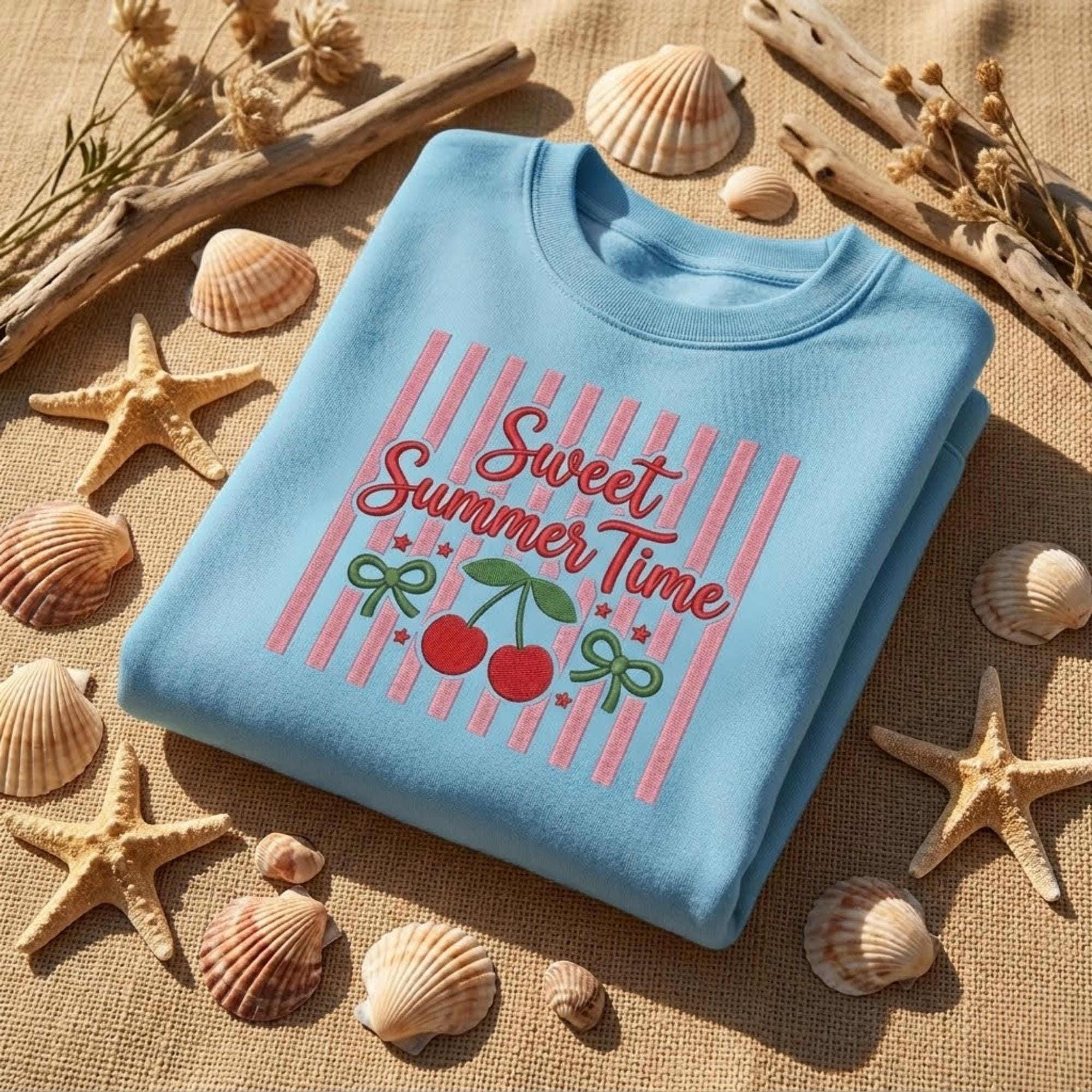 Sweet Summer Time Embroidered Sweatshirt Cherry Design Cute Summer Outfit Vacation Shirt Beach Lover Gift Summer Aesthetic Shirt
