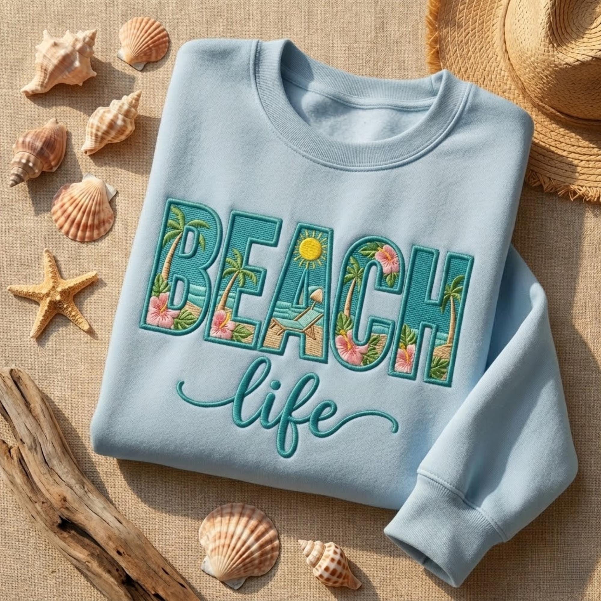 Beach Life Embroidered Sweatshirt Tropical Palm Tree Summer Vacation Outfit Ocean Lover Shirt Cute Coastal Aesthetic Summer Gift