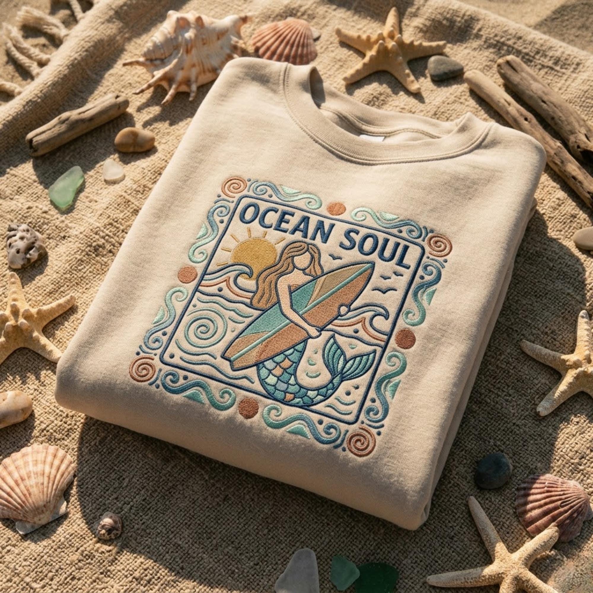 Ocean Soul Embroidered Sweatshirt Mermaid Surfboard Beach Shirt Coastal Aesthetic Summer Outfit Ocean Lover Gift Cute Vacation Crewneck