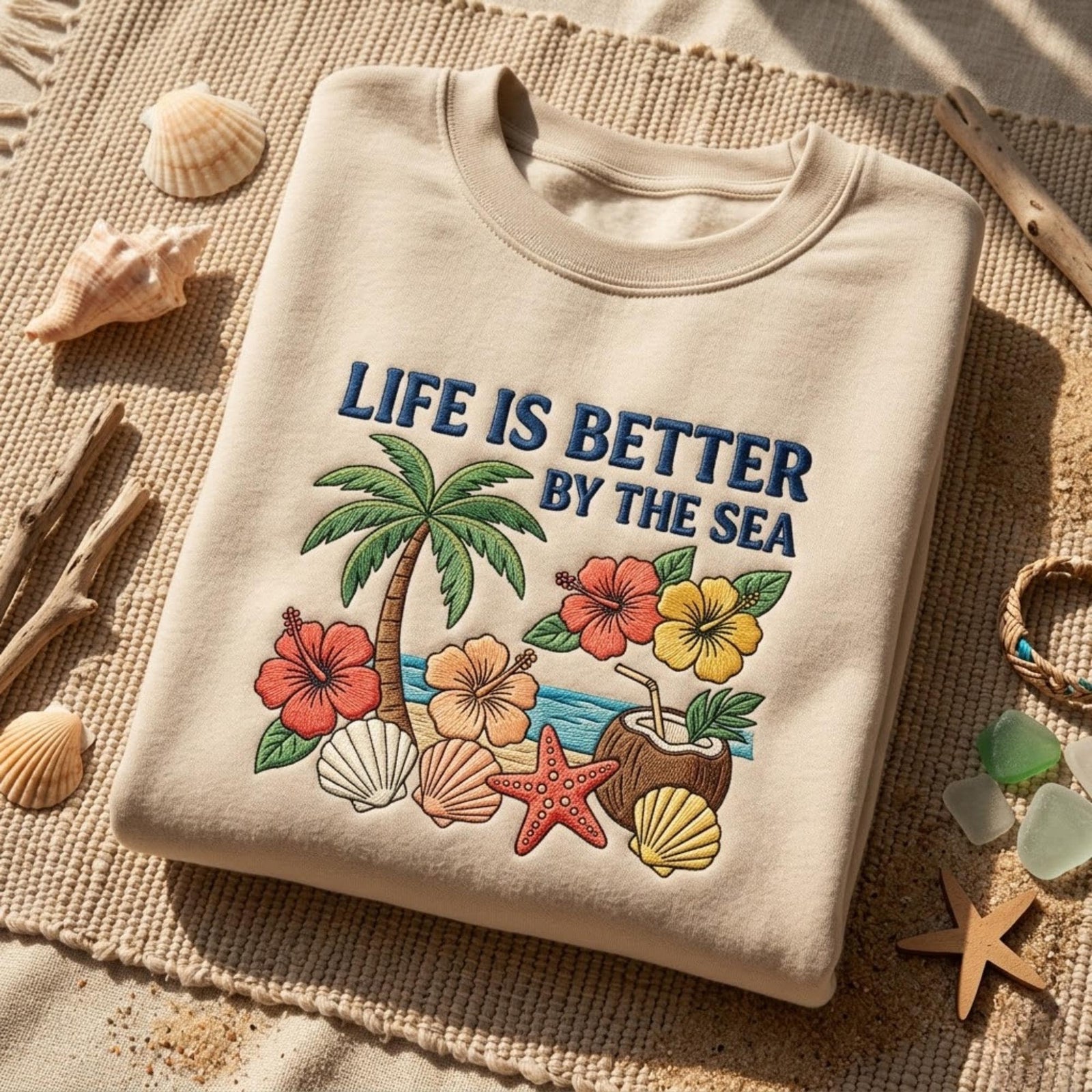 Life Is Better By The Sea Embroidered Sweatshirt Beach Lover Shirt Coastal Aesthetic Summer Outfit Tropical Vacation Gift