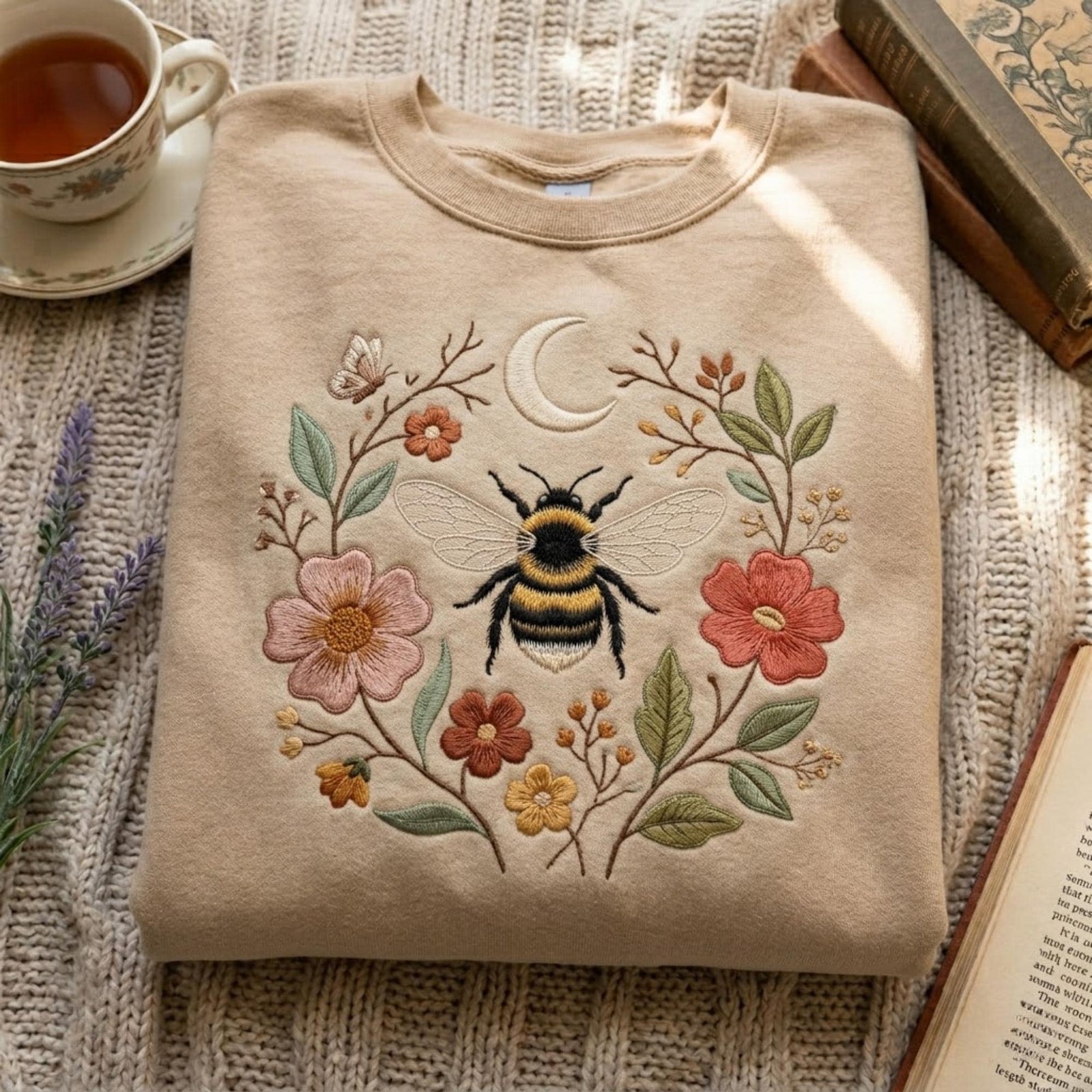 Floral Bee Embroidered Sweatshirt Cottagecore Nature Shirt Wildflower Botanical Design Cozy Aesthetic Outfit Gift For Her