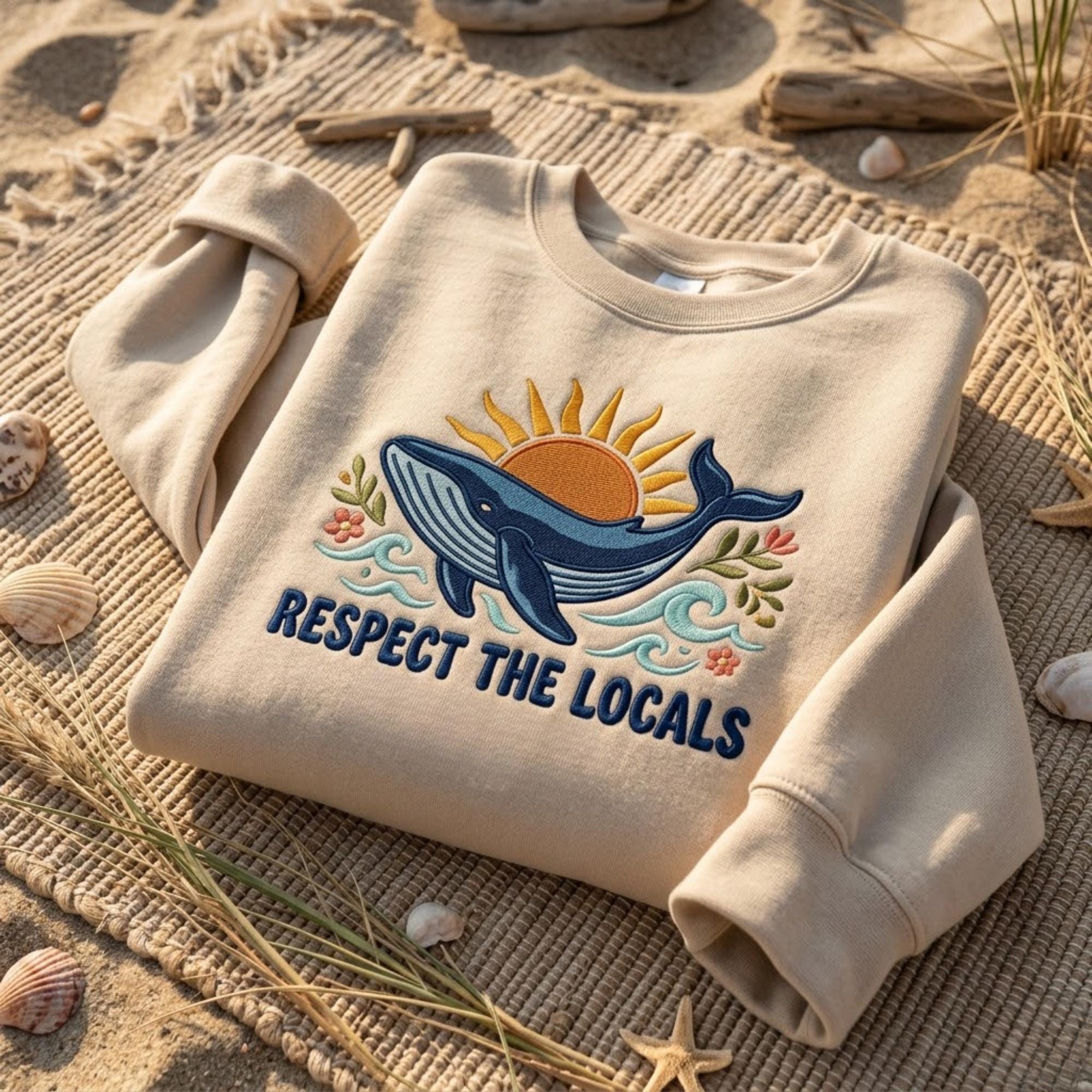 Respect The Locals Whale Embroidered Sweatshirt Beach Lover Shirt Coastal Aesthetic Summer Outfit Ocean Lover Gift Crewneck