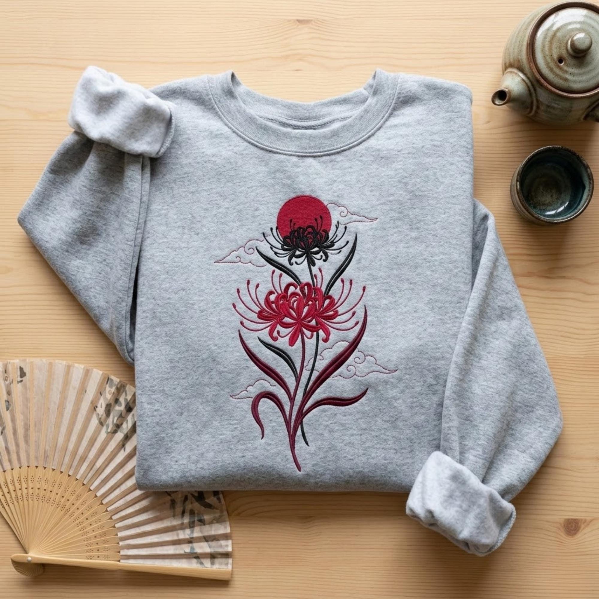 Japanese Red Spider Lily Embroidered Sweatshirt Gothic Floral Chrysanthemum Style Crewneck Japanese Aesthetic Fall Flower Embroidery Shirt