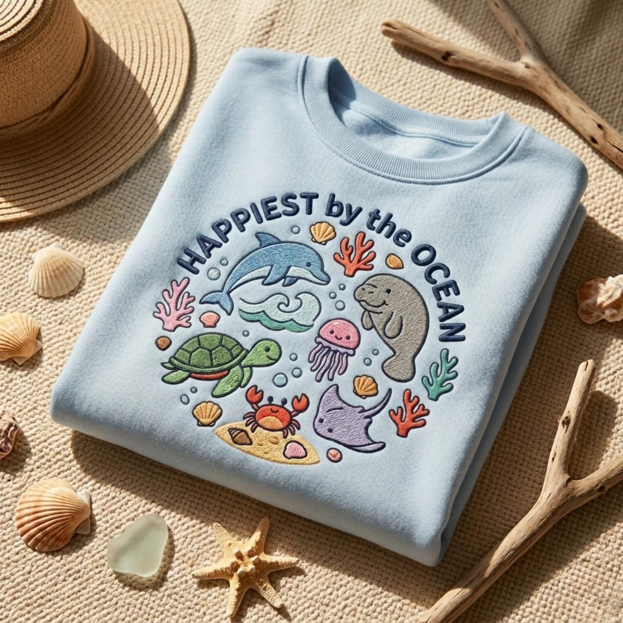 Happiest By The Ocean Embroidered Sweatshirt Sea Animal Shirt Beach Lover Outfit Coastal Aesthetic Gift Cozy Crewneck