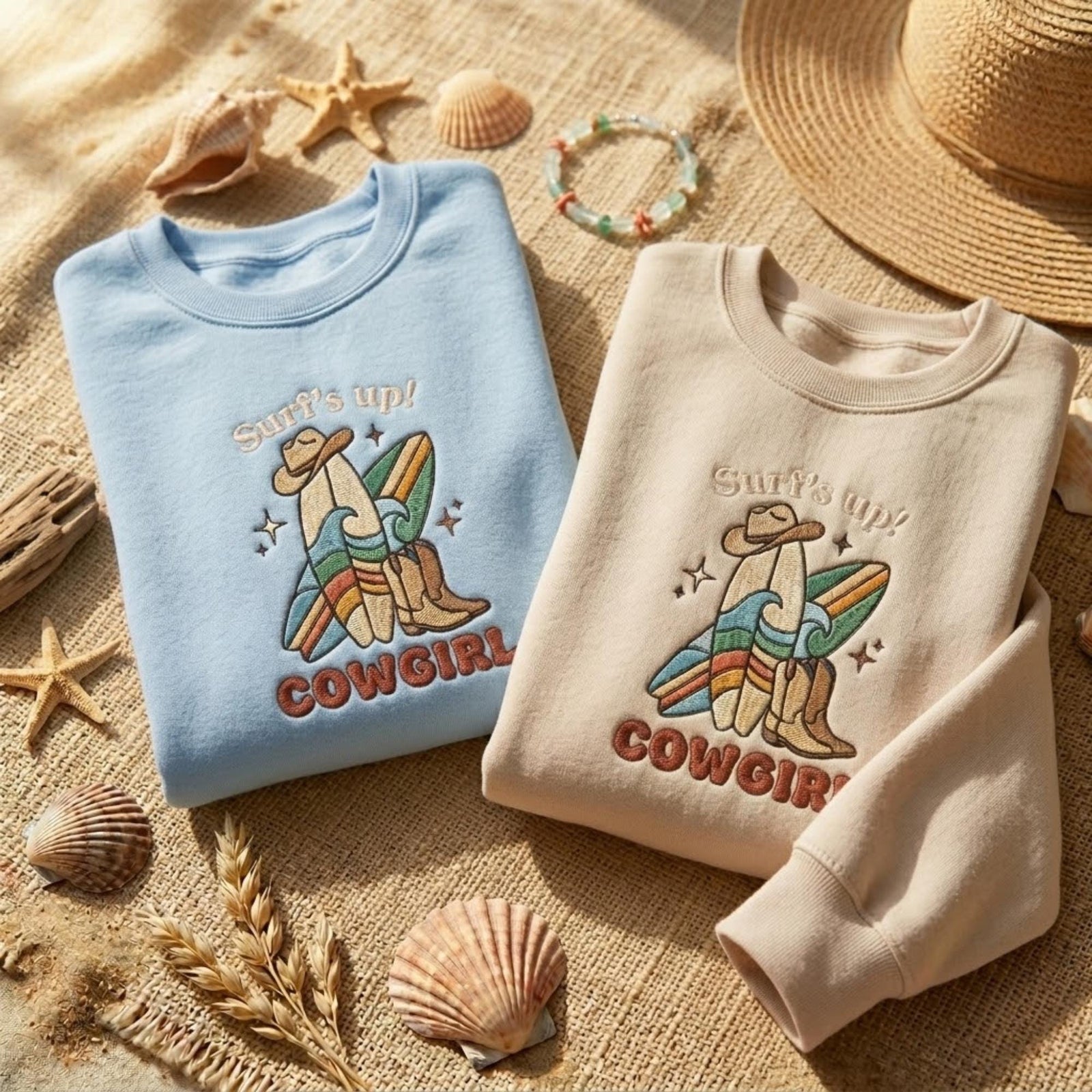 Surf Cowgirl Embroidered Sweatshirt Beach Western Shirt Coastal Cowgirl Outfit Summer Aesthetic Gift Cozy Crewneck