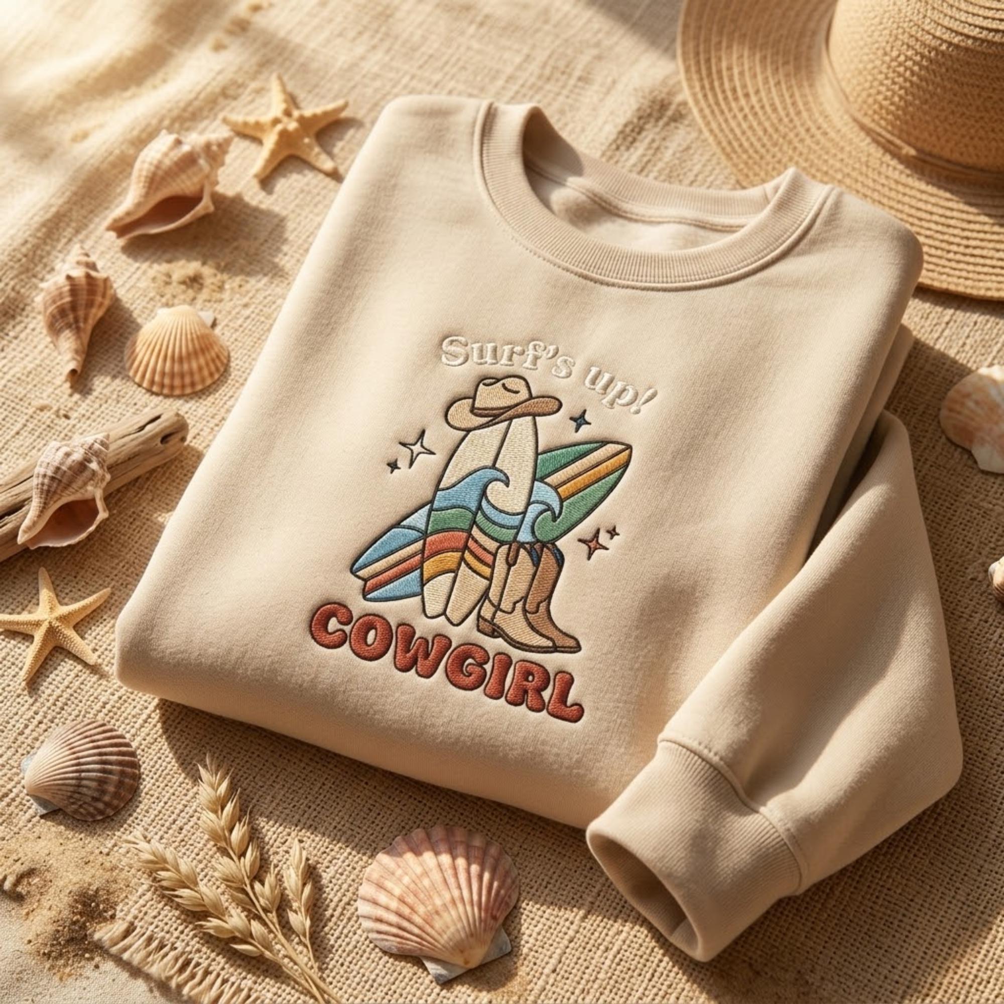 Surf Cowgirl Embroidered Sweatshirt Beach Western Shirt Coastal Cowgirl Outfit Summer Aesthetic Gift Cozy Crewneck