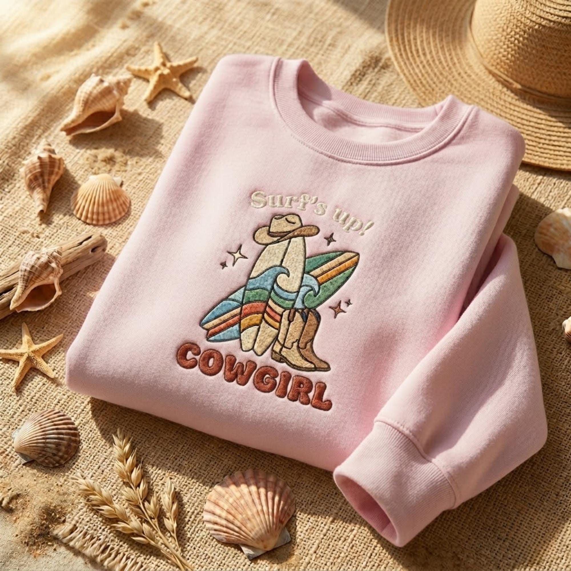 Surf Cowgirl Embroidered Sweatshirt Beach Western Shirt Coastal Cowgirl Outfit Summer Aesthetic Gift Cozy Crewneck