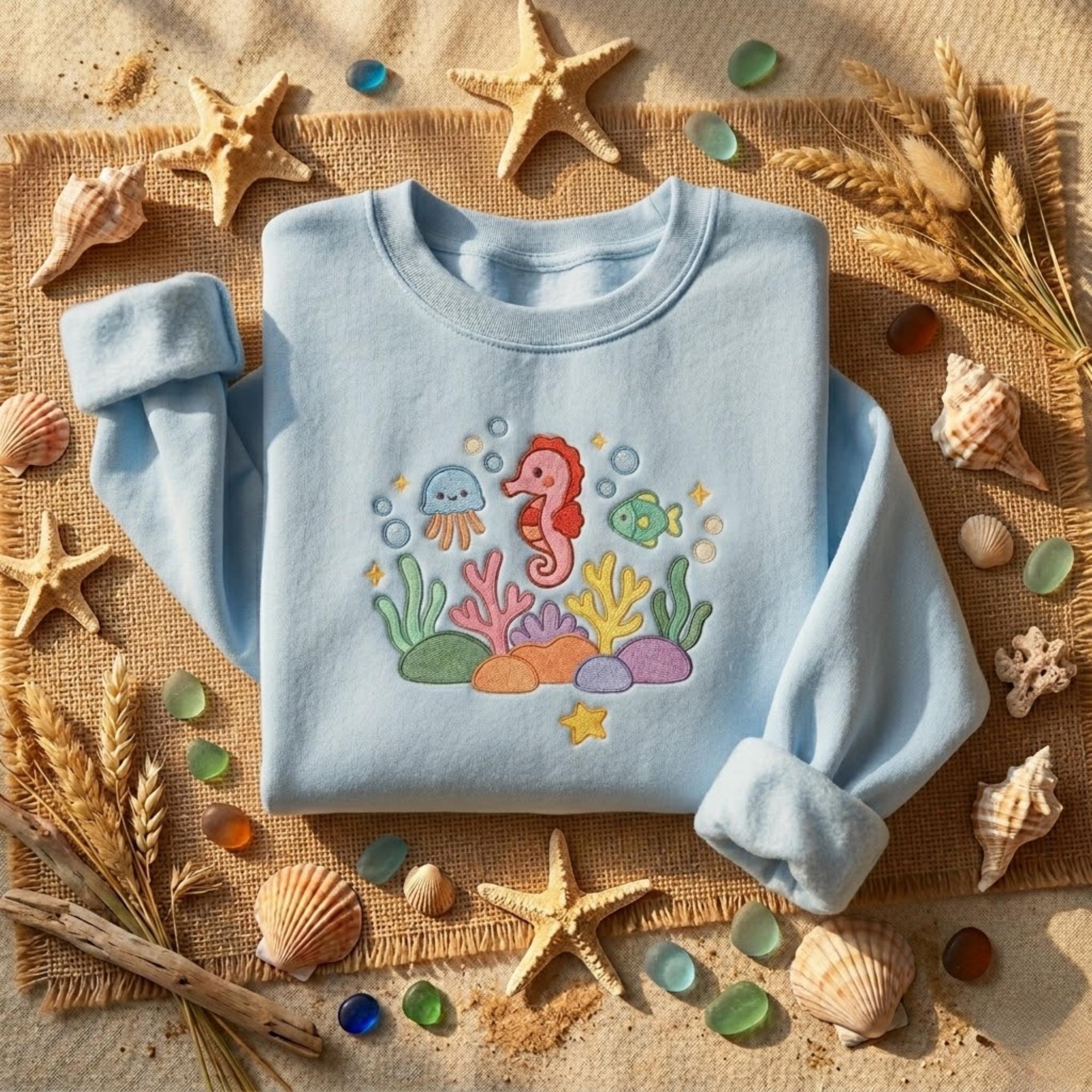 Sea Animal Embroidered Sweatshirt Cute Ocean Shirt Coastal Aesthetic Summer Outfit Beach Lover Gift Cozy Crewneck Women