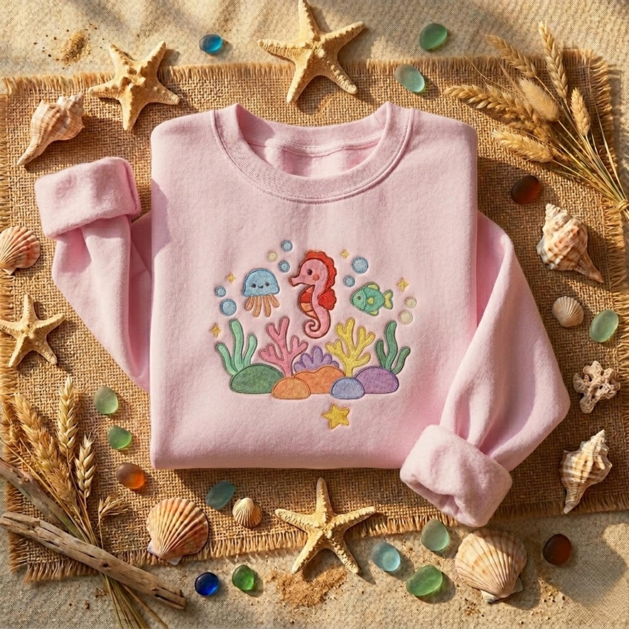 Sea Animal Embroidered Sweatshirt Cute Ocean Shirt Coastal Aesthetic Summer Outfit Beach Lover Gift Cozy Crewneck Women