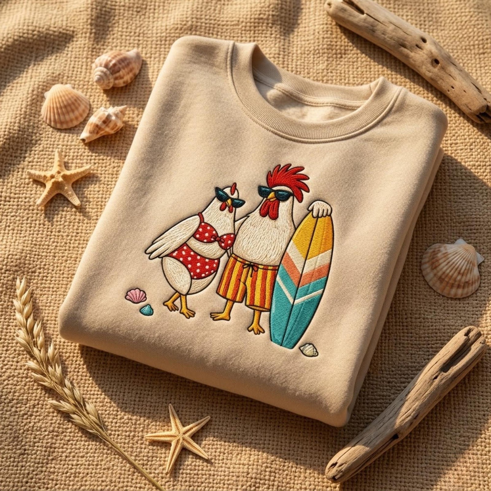 Chicken Couple Embroidered Sweatshirt Beach Lover Gift Summer Aesthetic Coastal Shirt Cute Animal Surf Vibes Crewneck Women Outfit