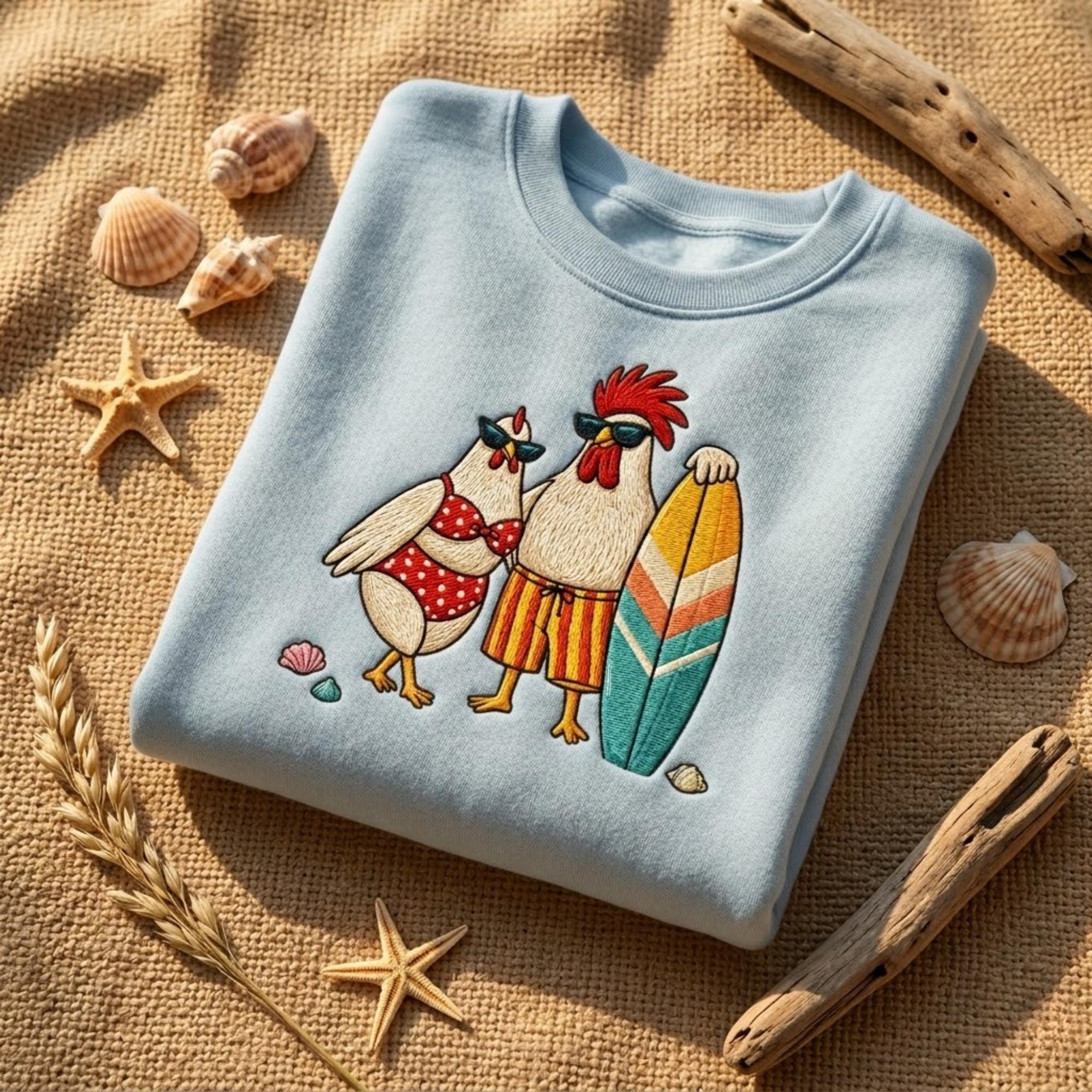 Chicken Couple Embroidered Sweatshirt Beach Lover Gift Summer Aesthetic Coastal Shirt Cute Animal Surf Vibes Crewneck Women Outfit