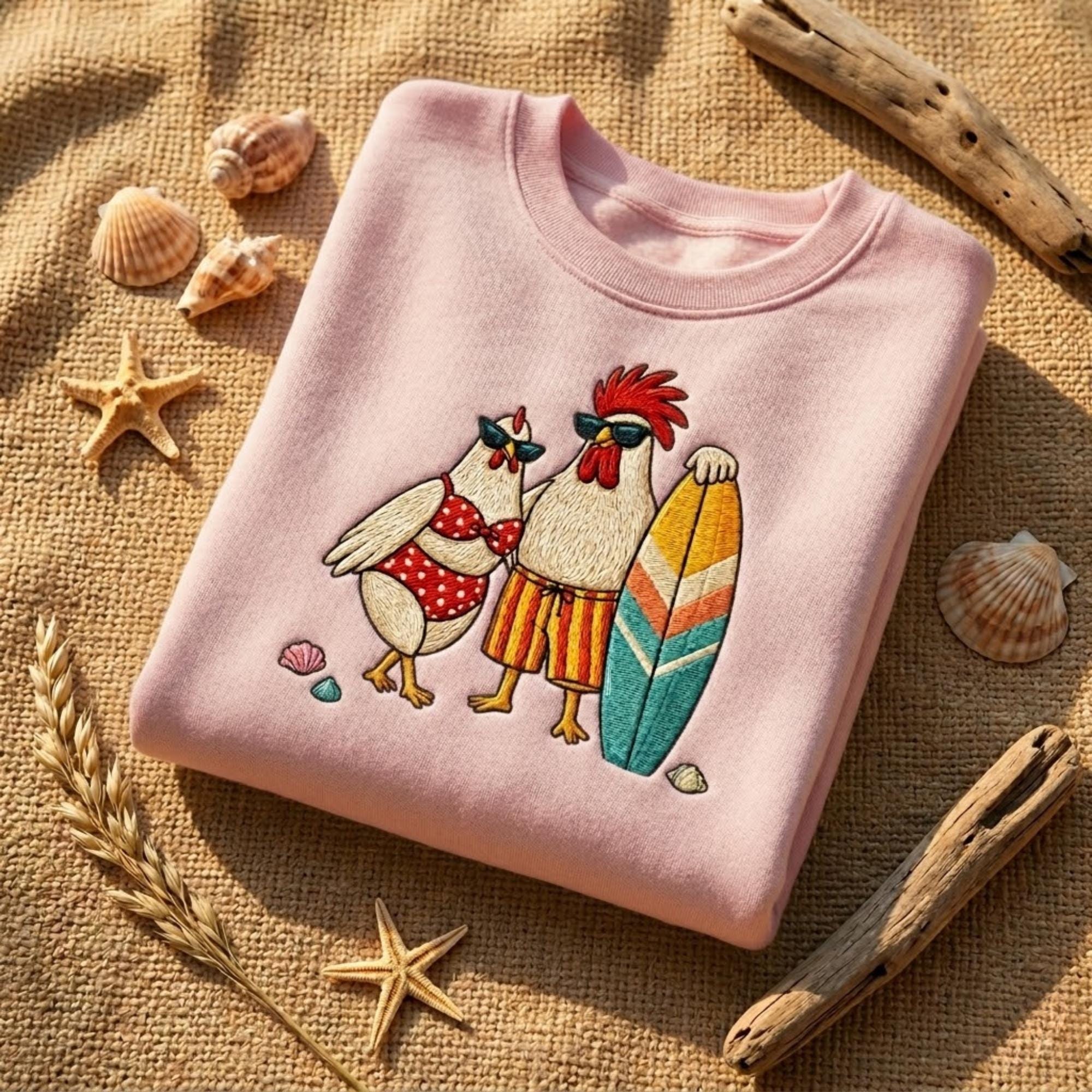 Chicken Couple Embroidered Sweatshirt Beach Lover Gift Summer Aesthetic Coastal Shirt Cute Animal Surf Vibes Crewneck Women Outfit