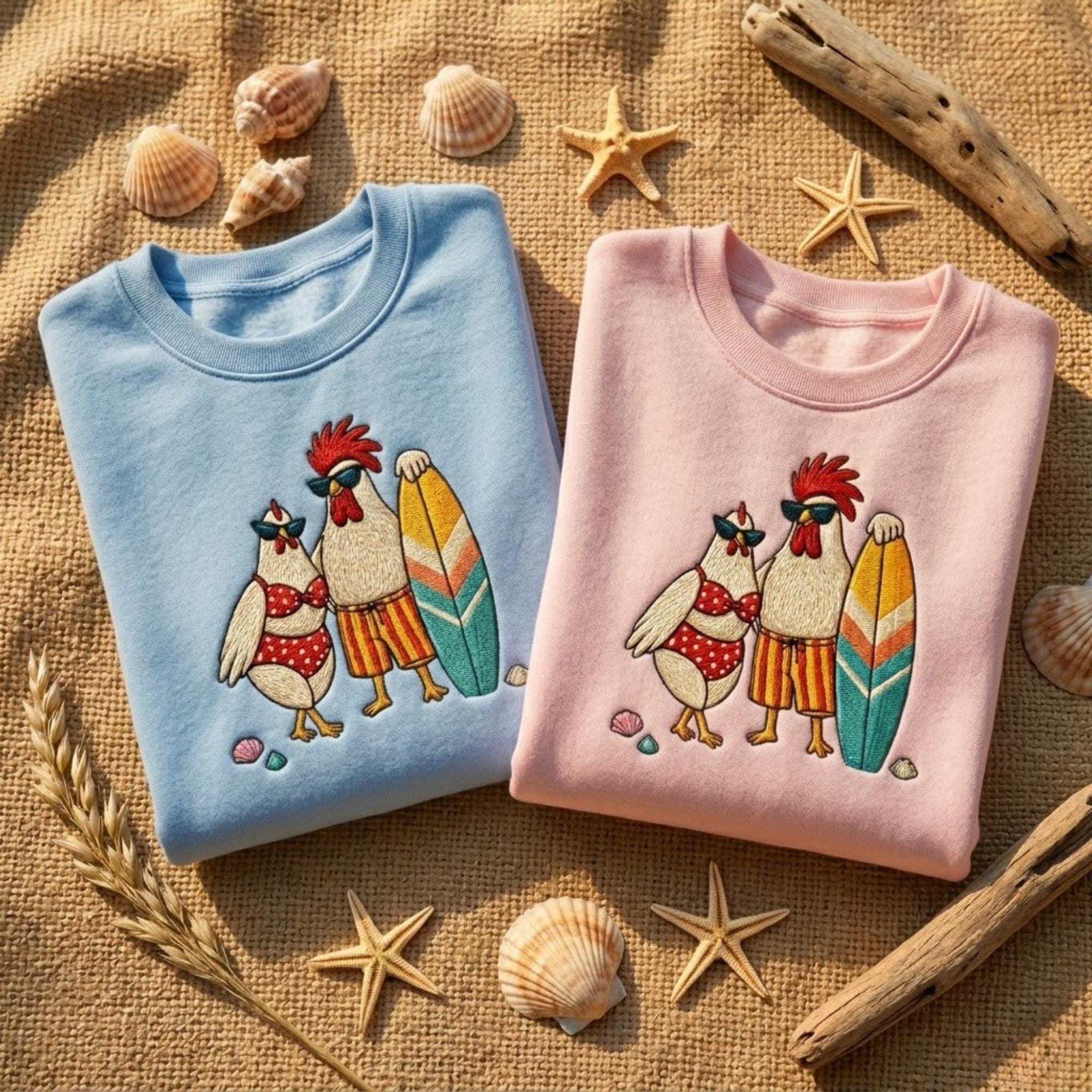 Chicken Couple Embroidered Sweatshirt Beach Lover Gift Summer Aesthetic Coastal Shirt Cute Animal Surf Vibes Crewneck Women Outfit
