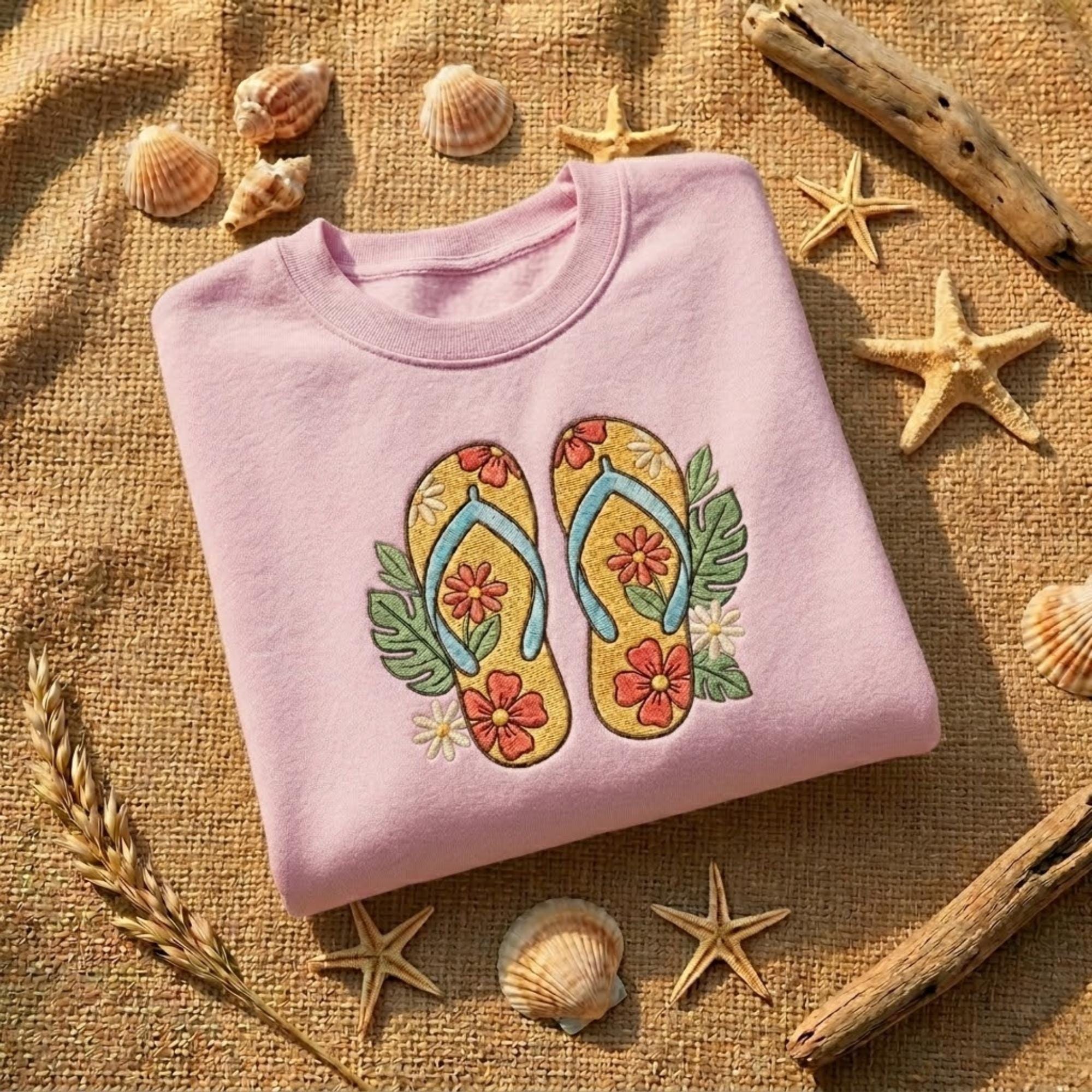 Flip Flop Embroidered Sweatshirt Beach Lover Gift Summer Aesthetic Coastal Shirt Tropical Flower Sandal Cute Vacation Crewneck