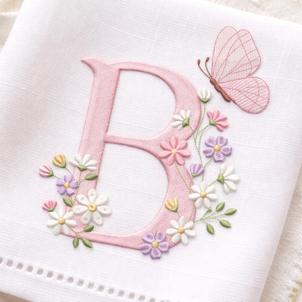 Floral Monogram Embroidery Font, Butterfly Alphabet A-Z, Elegant Flower Letters, Satin Stitch, BX Font | PES + 11 other formats