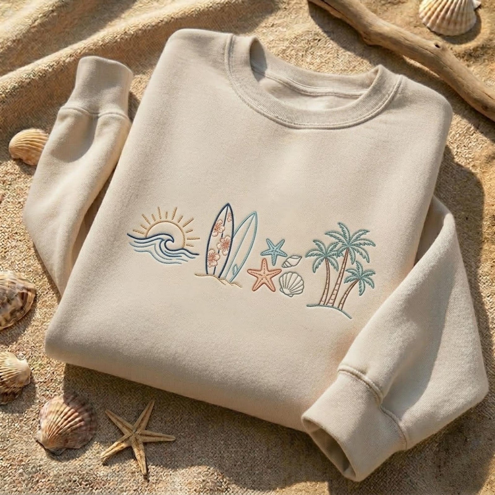 Beach Surf Embroidered Sweatshirt Coastal Summer Shirt Ocean Wave Surfboard Palm Tree Beach Vacation Shirt Ocean Lover Gift