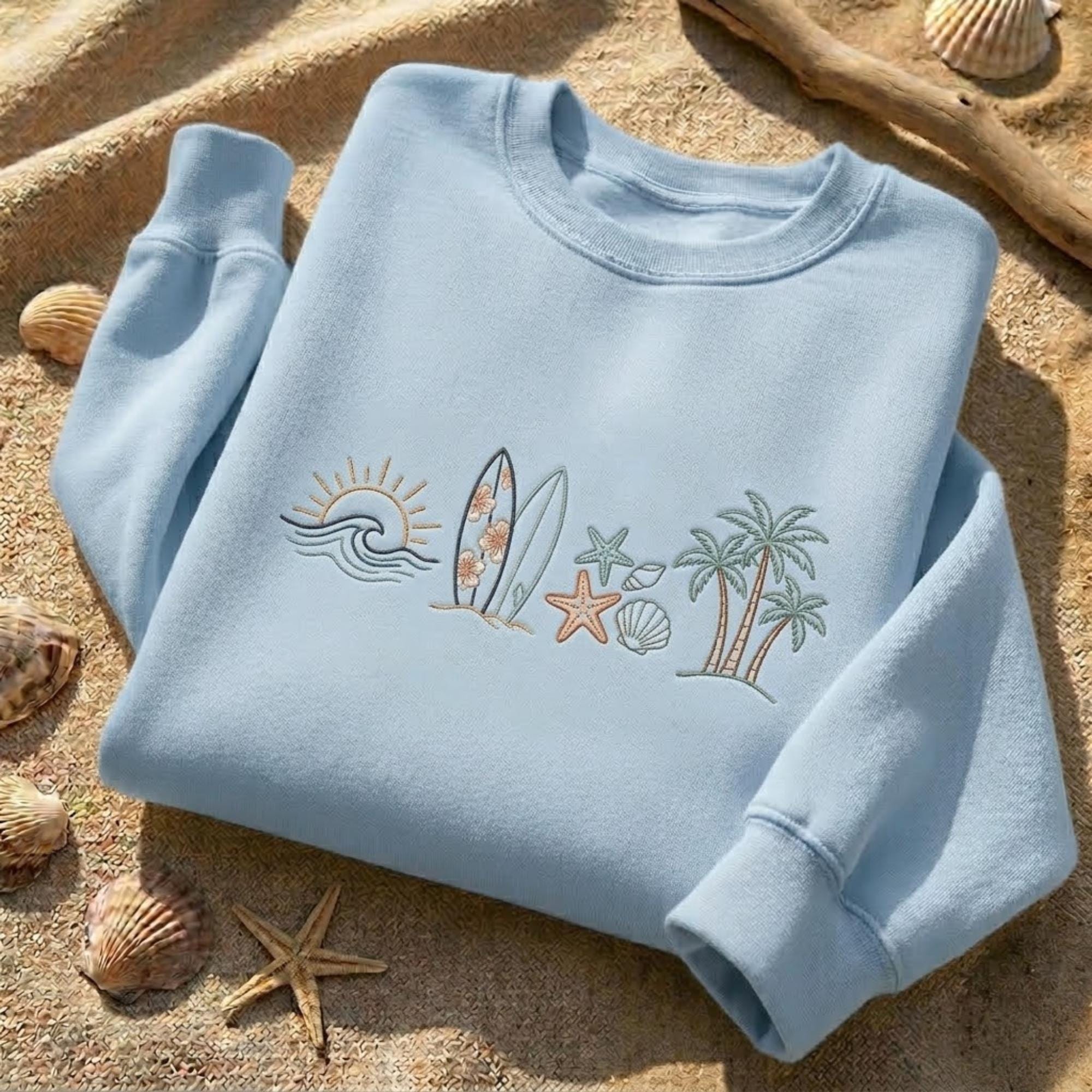 Beach Surf Embroidered Sweatshirt Coastal Summer Shirt Ocean Wave Surfboard Palm Tree Beach Vacation Shirt Ocean Lover Gift