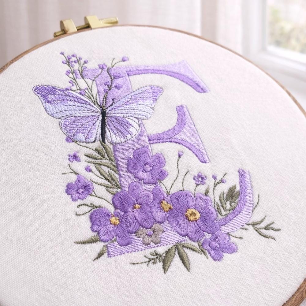 Floral Alphabet with Butterfly, Monogram Letter E Embroidery, Name Embroidery Design (Digital Download), 5 sizes