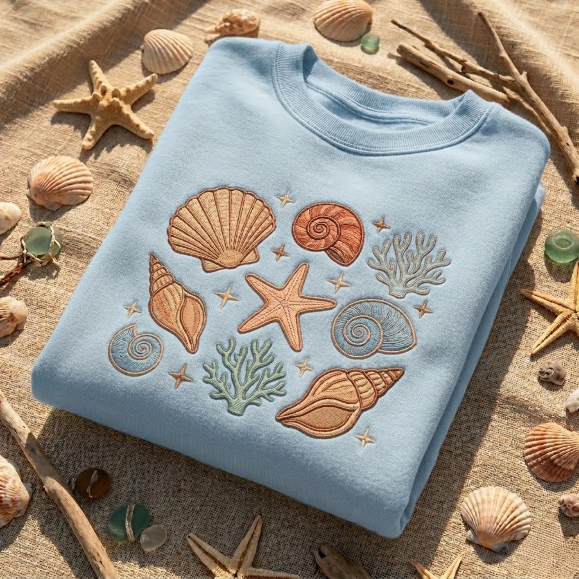Seashell Embroidered Sweatshirt Coastal Beach Shirt Sea Shell Starfish Coral Ocean Summer Vacation Outfit Ocean Lover Gift
