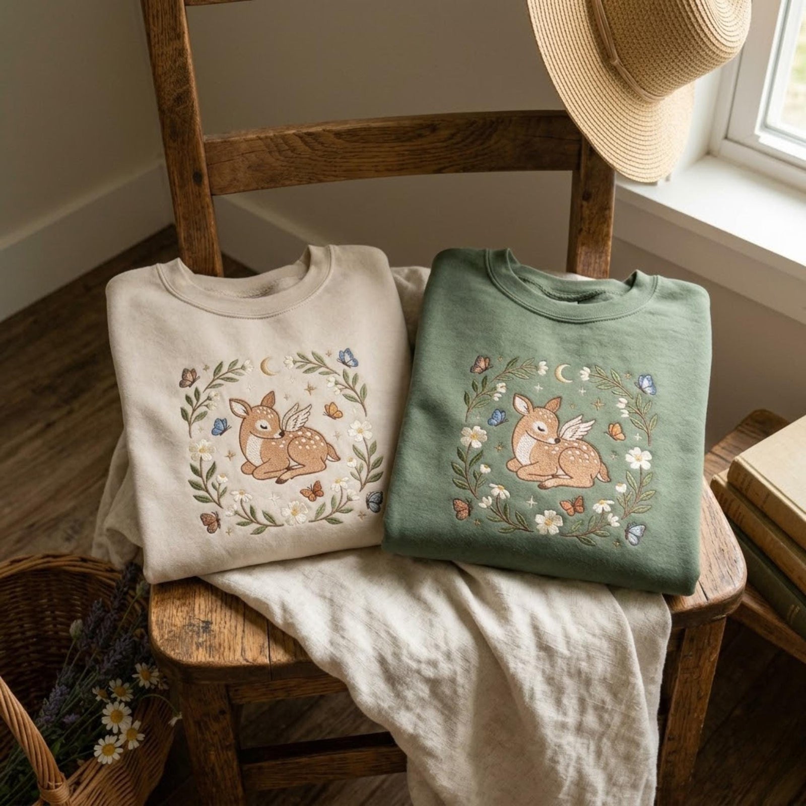 Cute Fawn Embroidery Sweatshirt Woodland Animal Shirt Cottagecore Aesthetic Deer Floral Wreath Gift For Women Cozy Crewneck Outfit