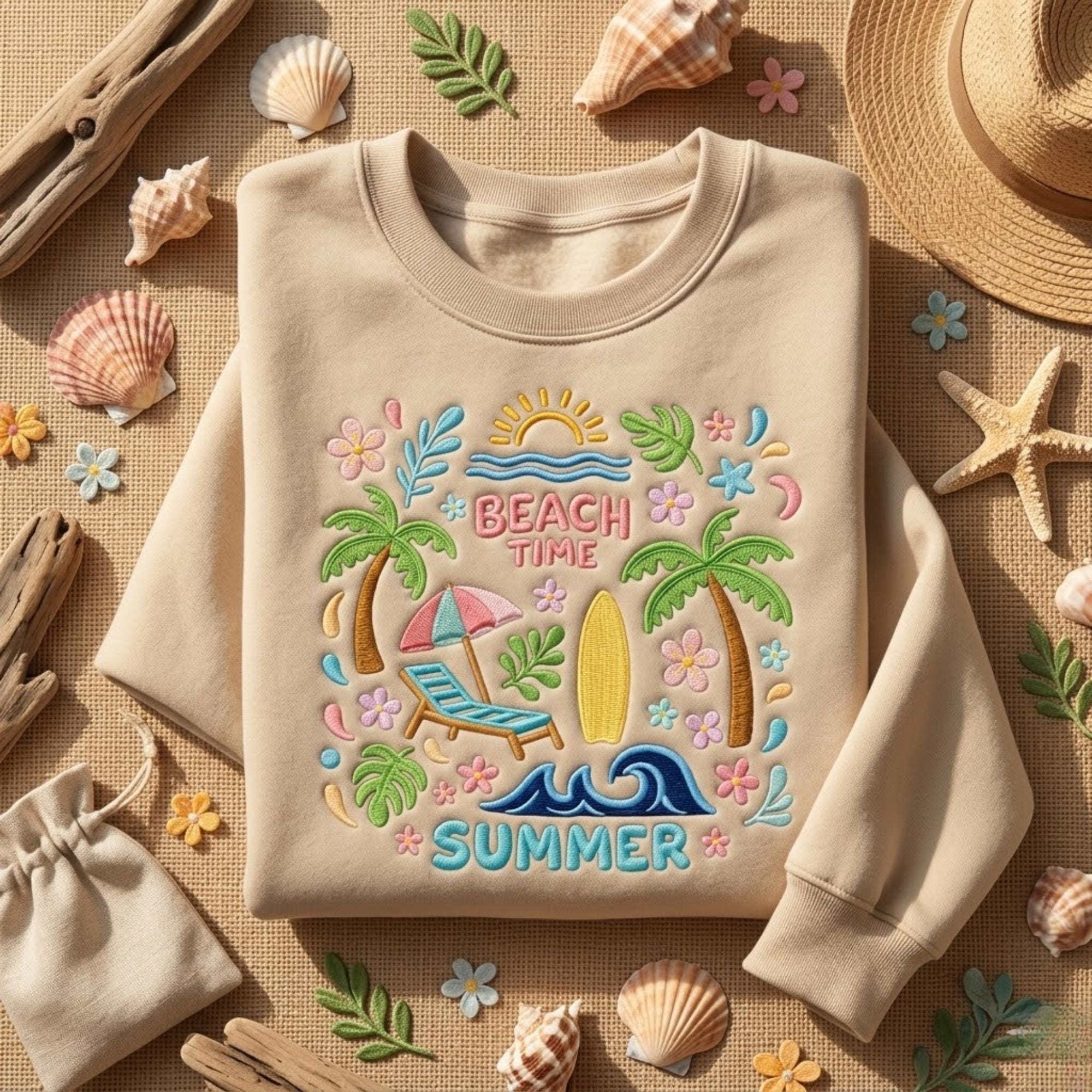 Beach Time Summer Embroidered Sweatshirt Tropical Palm Tree Surf Design Vacation Shirt Coastal Aesthetic Cute Summer Outfit Gift