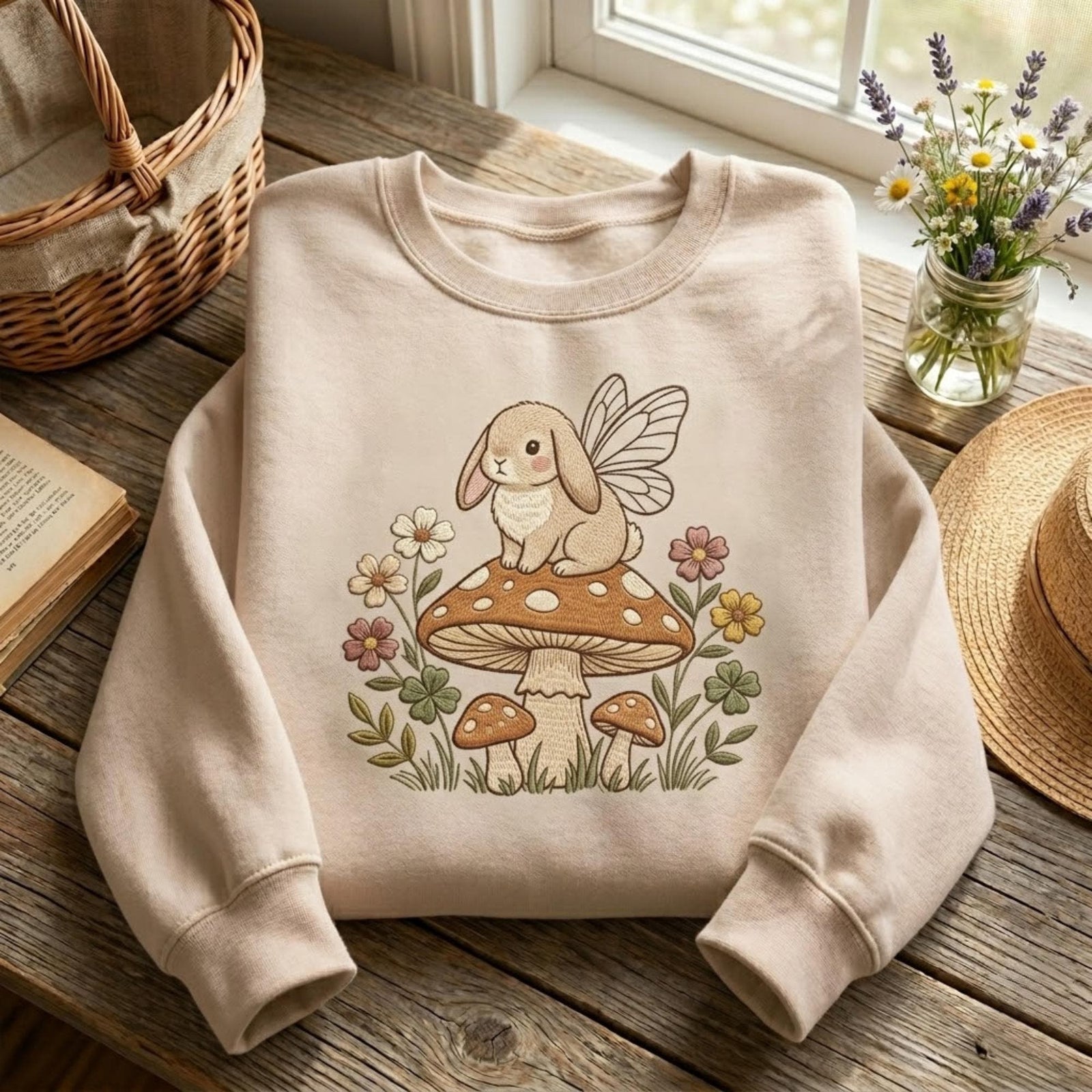 Cottagecore Bunny Embroidered Sweatshirt Mushroom Fairycore Cute Rabbit Floral Woodland Aesthetic Cozy Gift for Her Nature Lover