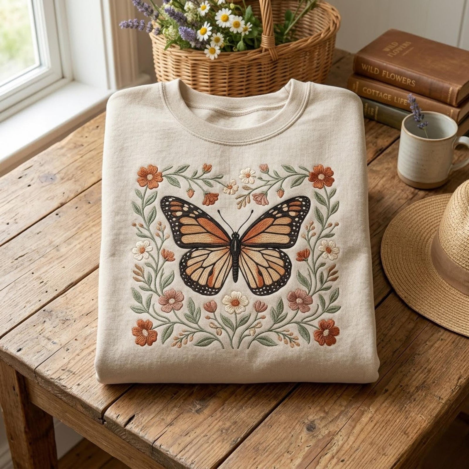 Cottagecore Butterfly Embroidered Sweatshirt Floral Botanical Aesthetic Nature Inspired Cozy Outfit Gift for Her Vintage Style
