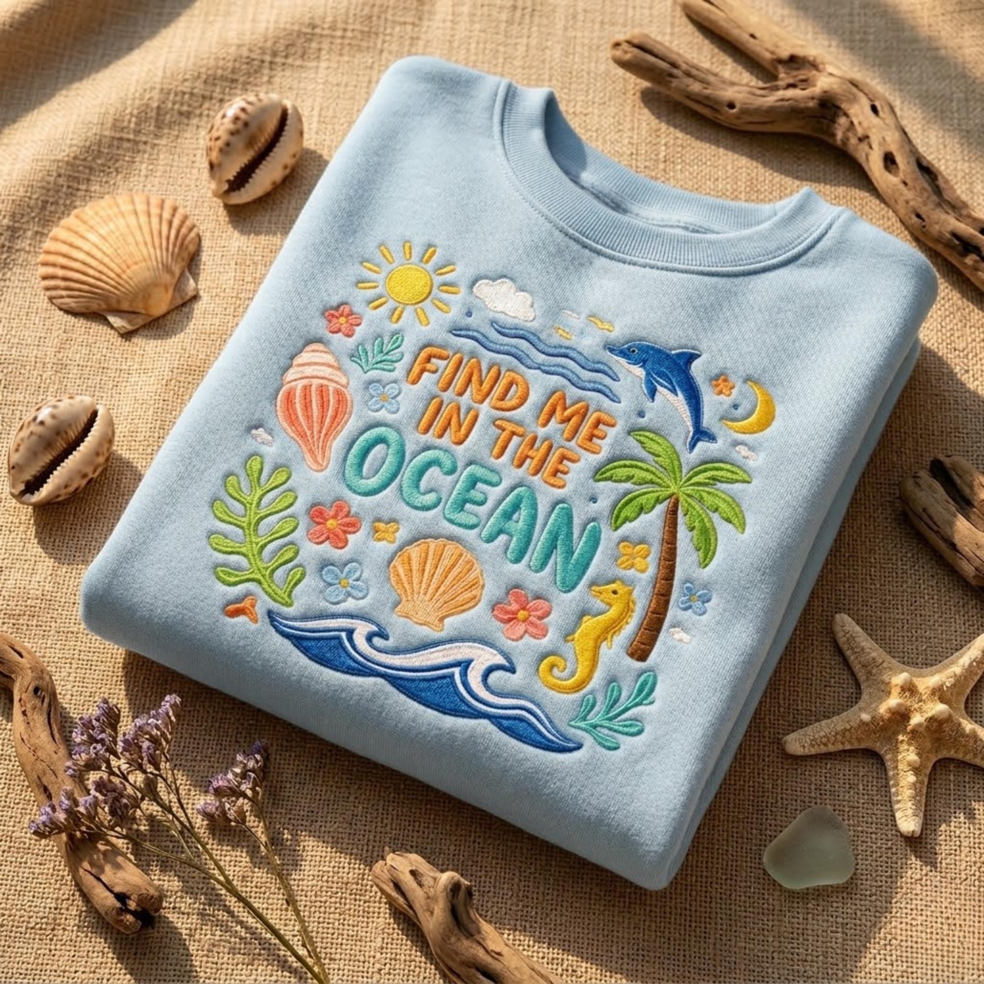 Find Me In The Ocean Embroidered Sweatshirt Beach Summer Design Coastal Aesthetic Shirt Vacation Outfit Cute Sea Life Gift