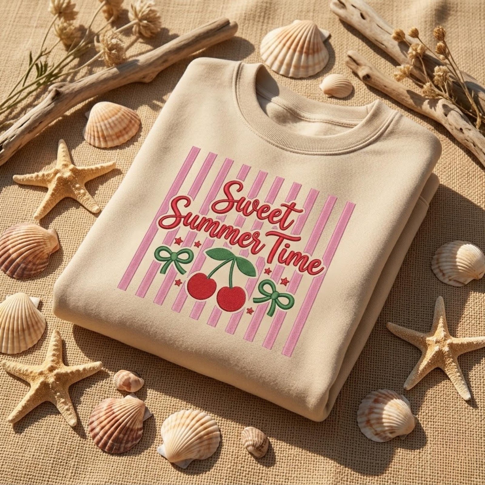 Sweet Summer Time Embroidered Sweatshirt Cherry Design Cute Summer Outfit Vacation Shirt Beach Lover Gift Summer Aesthetic Shirt