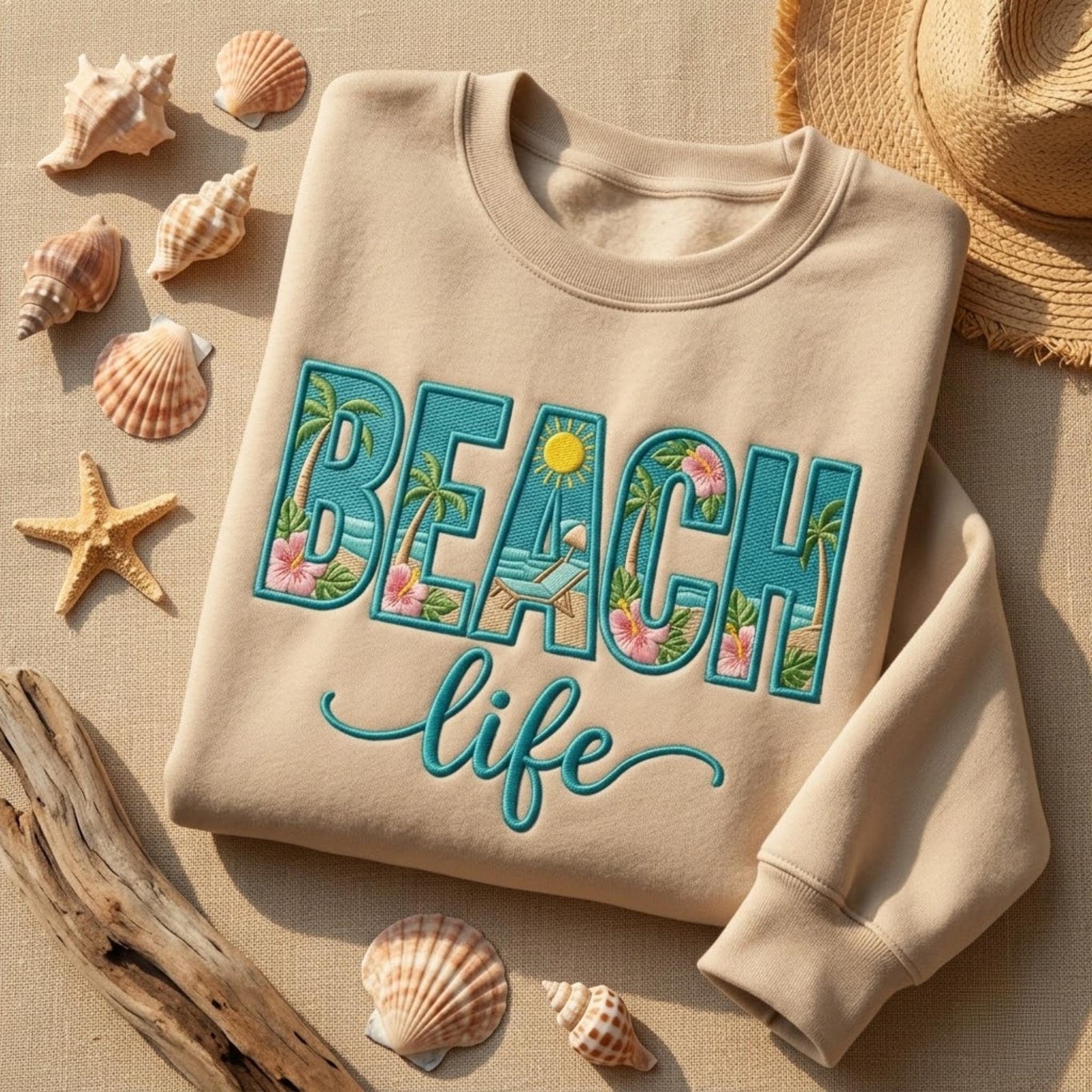 Beach Life Embroidered Sweatshirt Tropical Palm Tree Summer Vacation Outfit Ocean Lover Shirt Cute Coastal Aesthetic Summer Gift