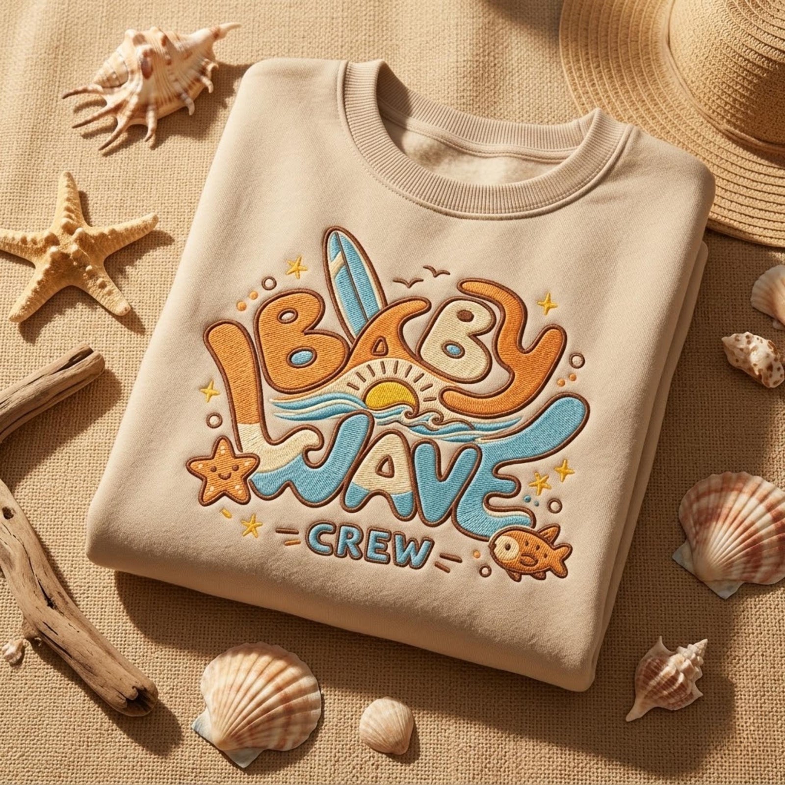 Baby Wave Crew Embroidered Sweatshirt Retro Surf Design Summer Vacation Outfit Ocean Lover Shirt Cute Beach Life Gift Tropical Style