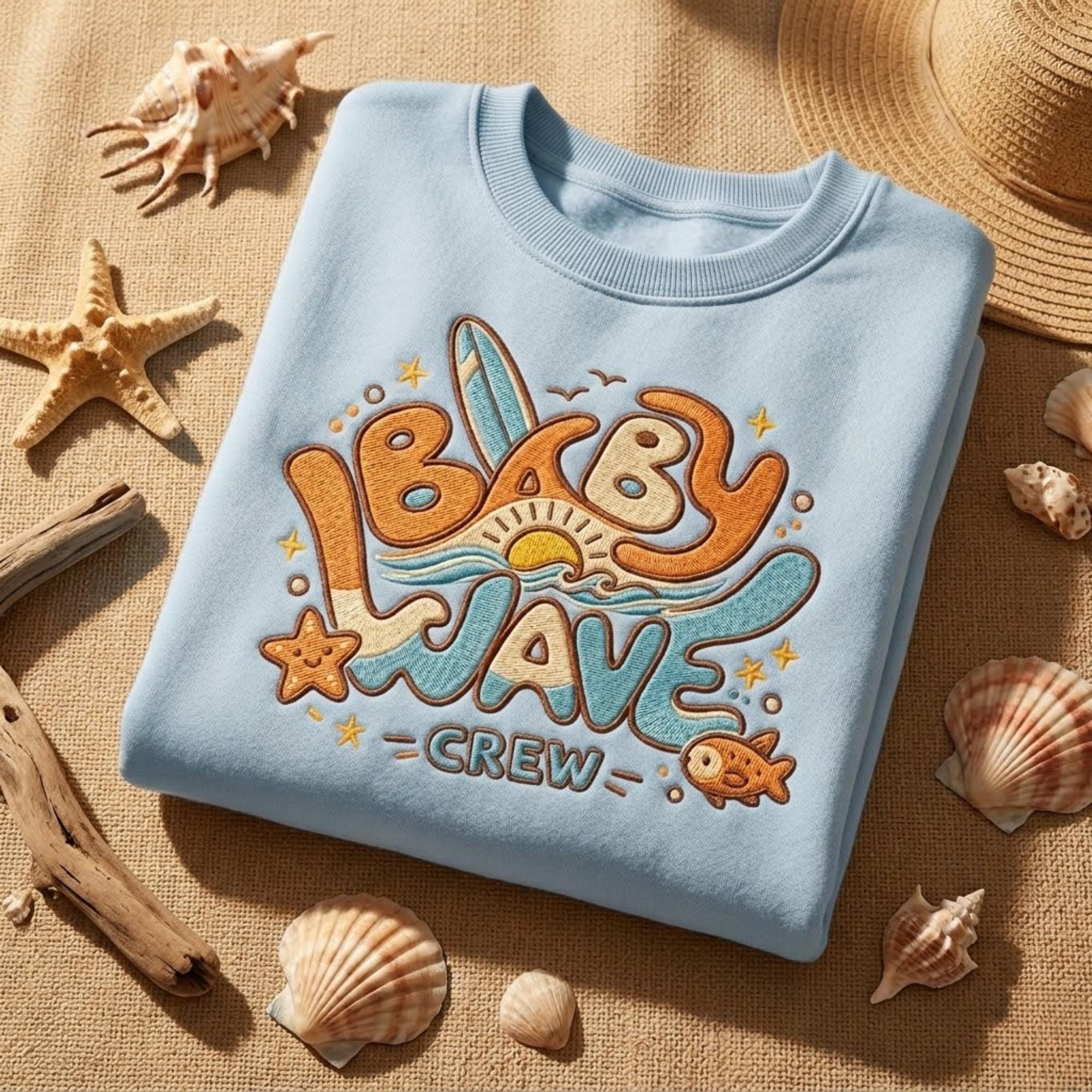 Baby Wave Crew Embroidered Sweatshirt Retro Surf Design Summer Vacation Outfit Ocean Lover Shirt Cute Beach Life Gift Tropical Style