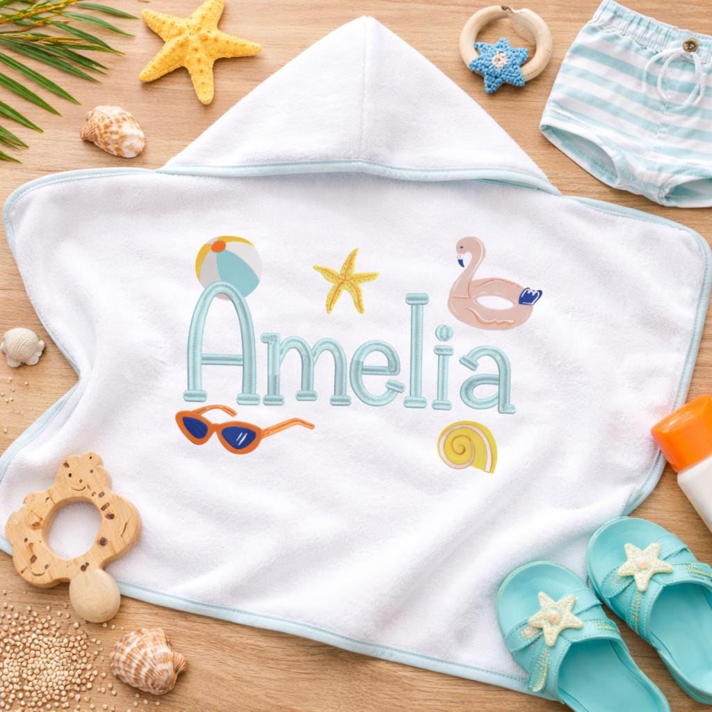 Build Your Own Summer Name Embroidery Design,Set of 5 Beach Icons + Font Bundle, Personalized Kids Baby Gift (BX Included, Instant Download)