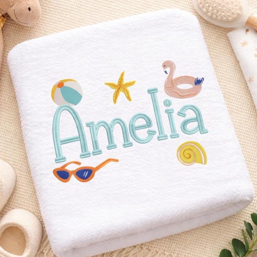 Build Your Own Summer Name Embroidery Design,Set of 5 Beach Icons + Font Bundle, Personalized Kids Baby Gift (BX Included, Instant Download)