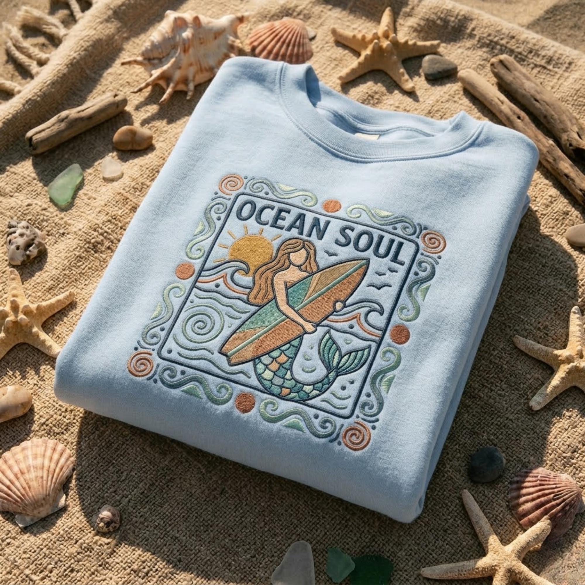 Ocean Soul Embroidered Sweatshirt Mermaid Surfboard Beach Shirt Coastal Aesthetic Summer Outfit Ocean Lover Gift Cute Vacation Crewneck