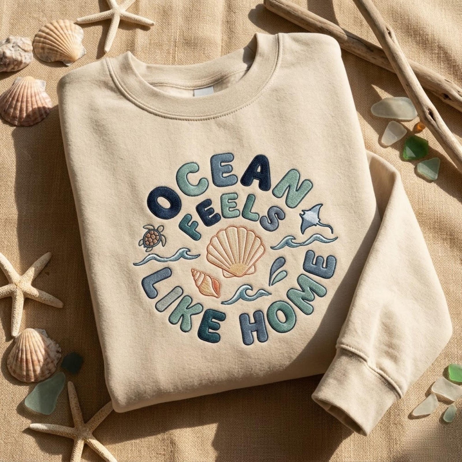 Ocean Feels Like Home Embroidered Sweatshirt Beach Lover Shirt Coastal Aesthetic Summer Outfit Cute Vacation Crewneck Gift