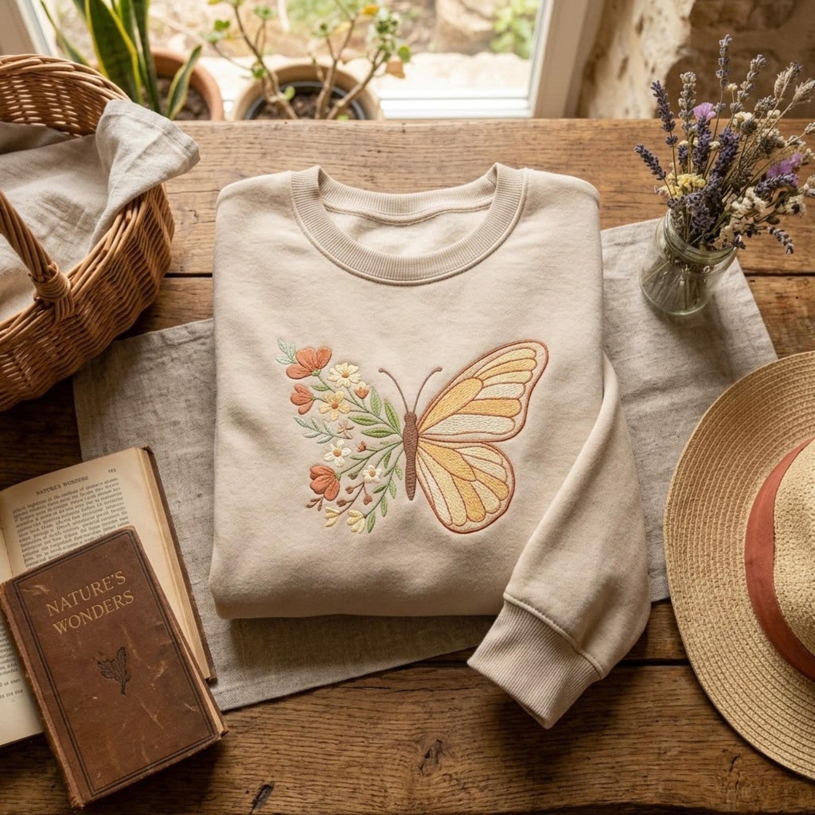 Cottagecore Butterfly Embroidered Sweatshirt Floral Butterfly Design Vintage Aesthetic Cozy Nature Lover Gift Botanical Outfit