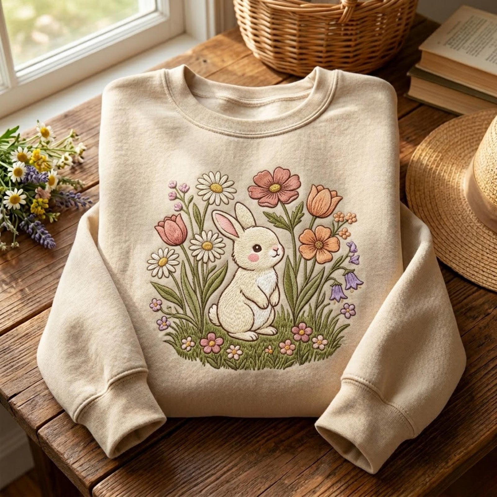 Bunny Embroidered Sweatshirt Floral Rabbit Crewneck Cottagecore Animal Shirt Cute Spring Aesthetic Easter Gift For Her