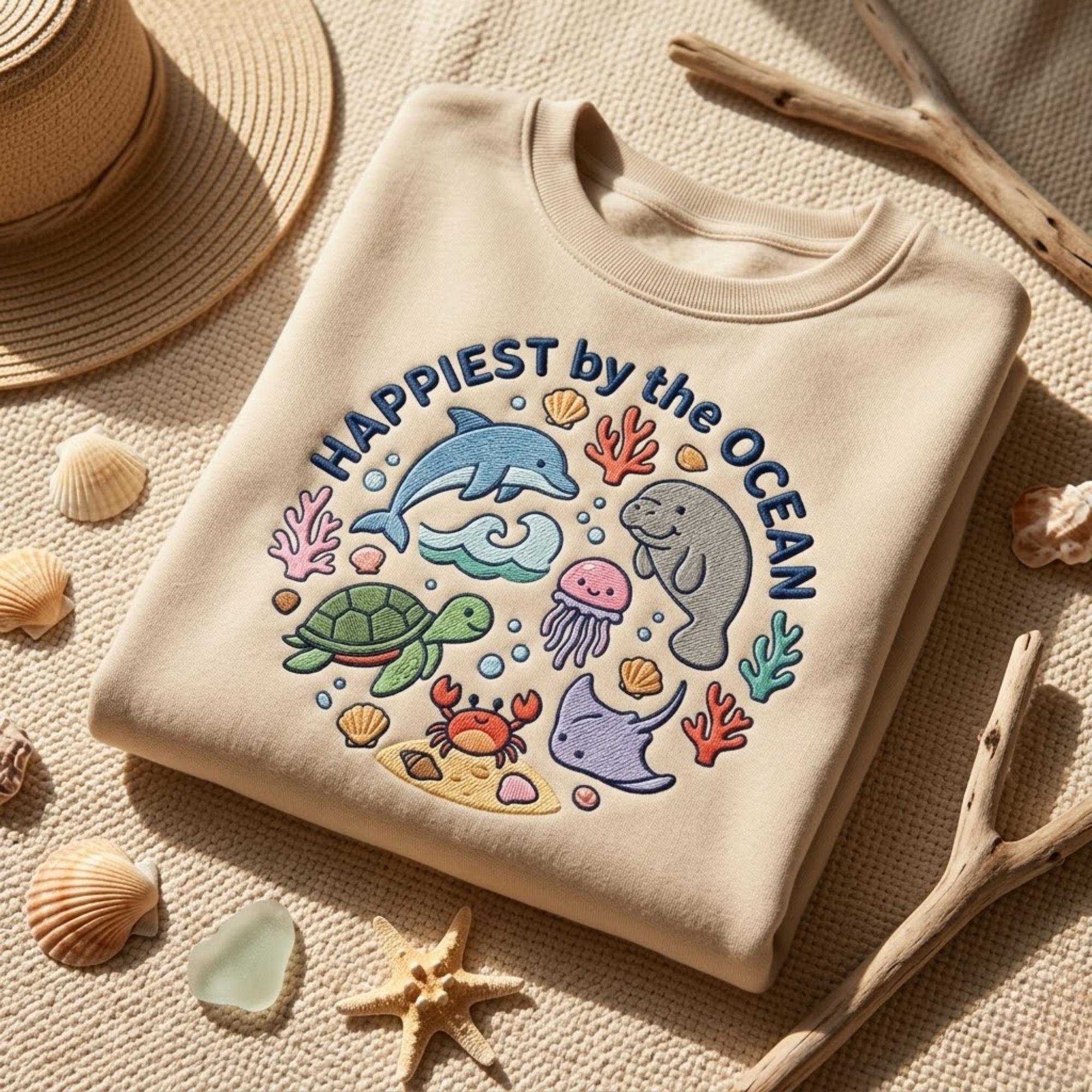 Happiest By The Ocean Embroidered Sweatshirt Sea Animal Shirt Beach Lover Outfit Coastal Aesthetic Gift Cozy Crewneck