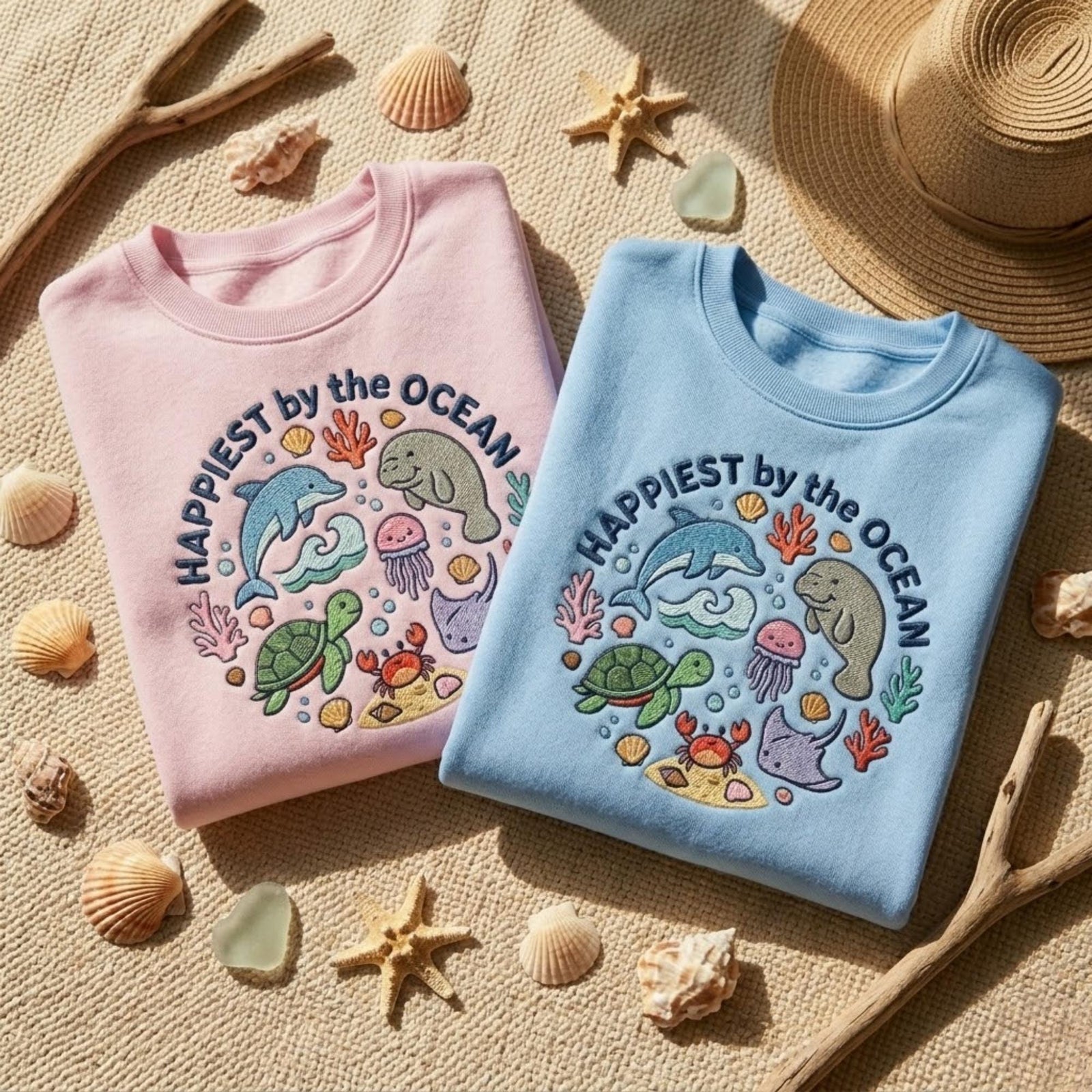Happiest By The Ocean Embroidered Sweatshirt Sea Animal Shirt Beach Lover Outfit Coastal Aesthetic Gift Cozy Crewneck