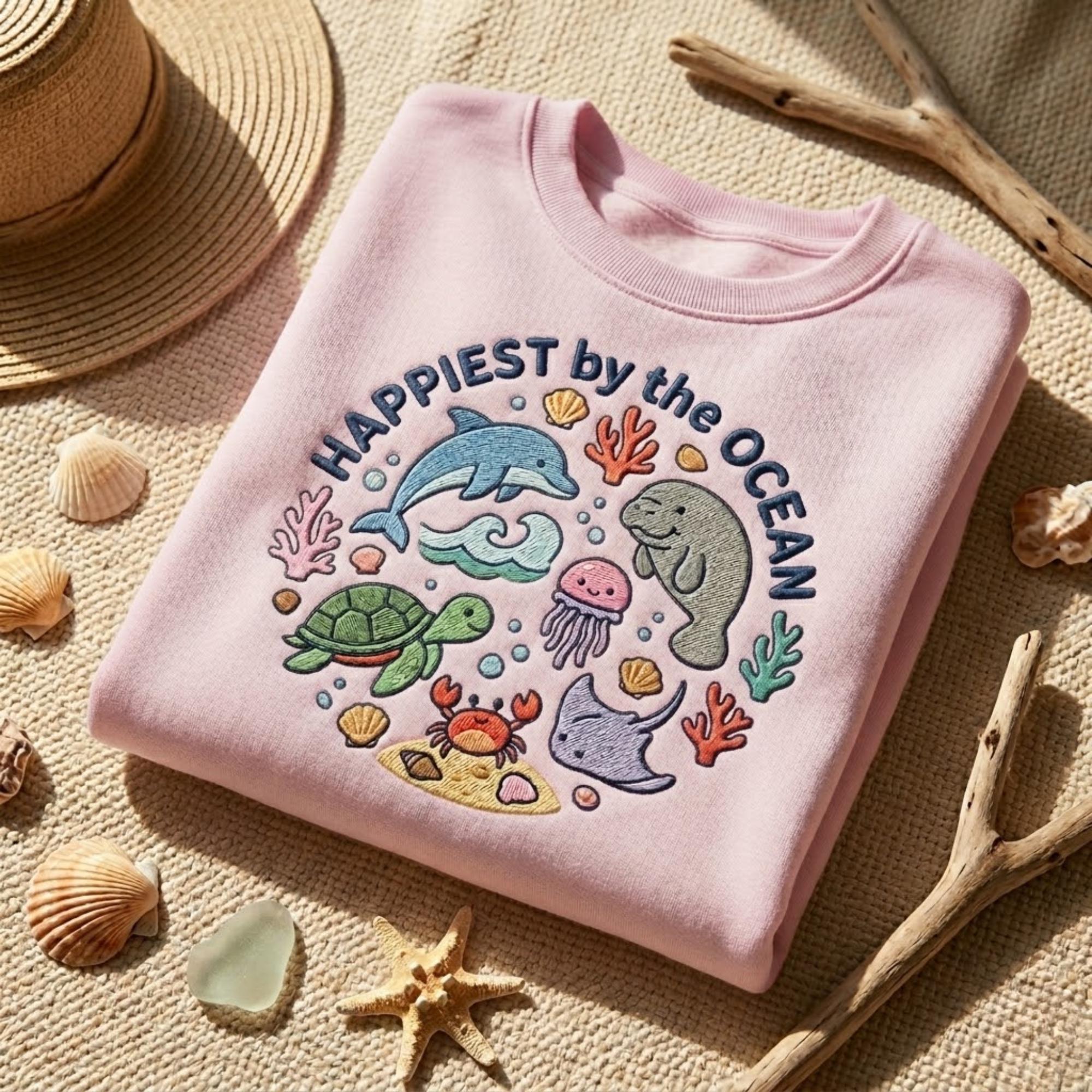 Happiest By The Ocean Embroidered Sweatshirt Sea Animal Shirt Beach Lover Outfit Coastal Aesthetic Gift Cozy Crewneck