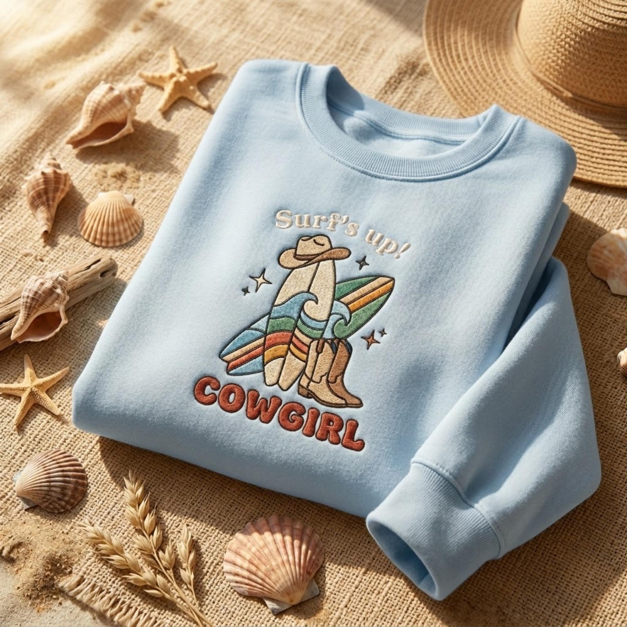 Surf Cowgirl Embroidered Sweatshirt Beach Western Shirt Coastal Cowgirl Outfit Summer Aesthetic Gift Cozy Crewneck