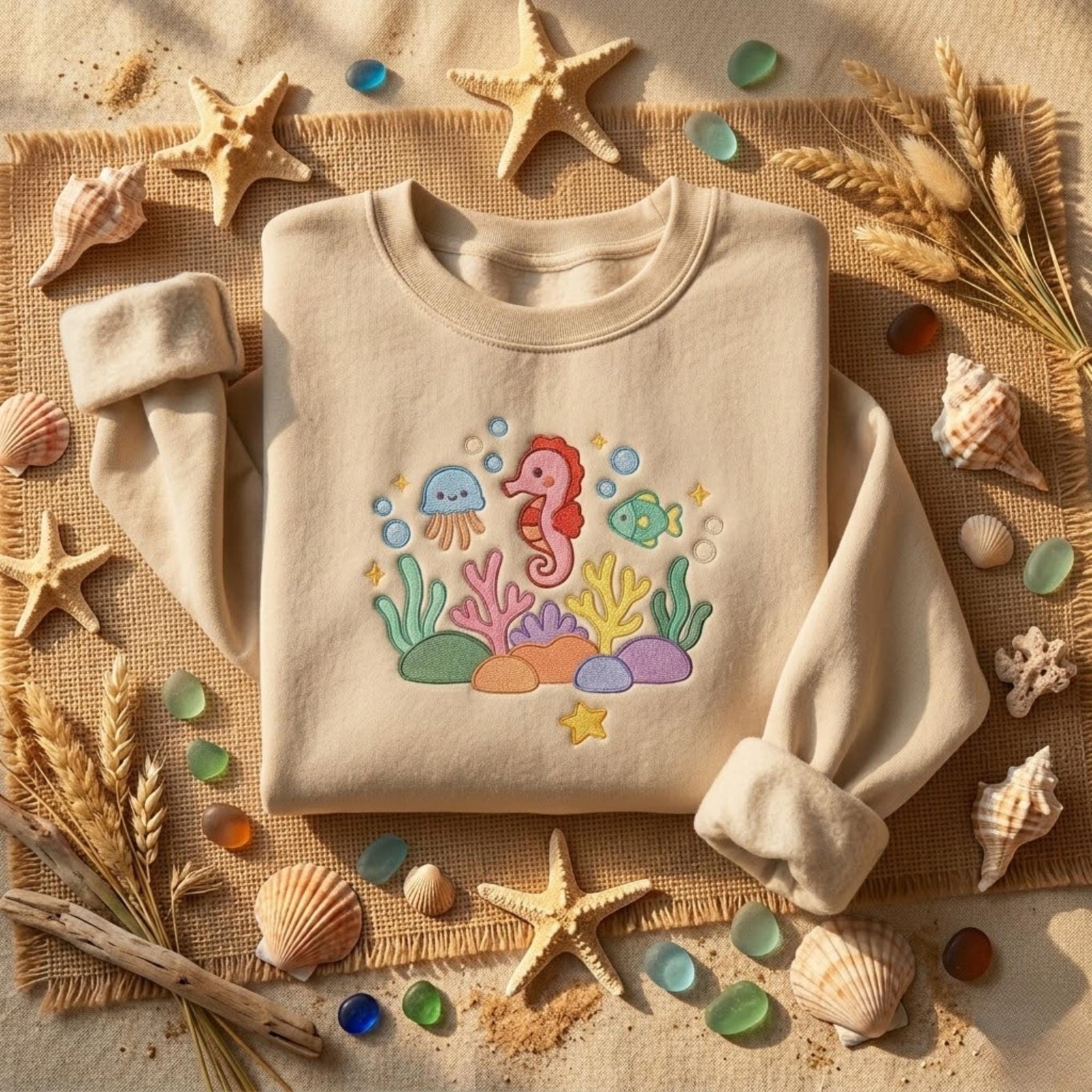 Sea Animal Embroidered Sweatshirt Cute Ocean Shirt Coastal Aesthetic Summer Outfit Beach Lover Gift Cozy Crewneck Women