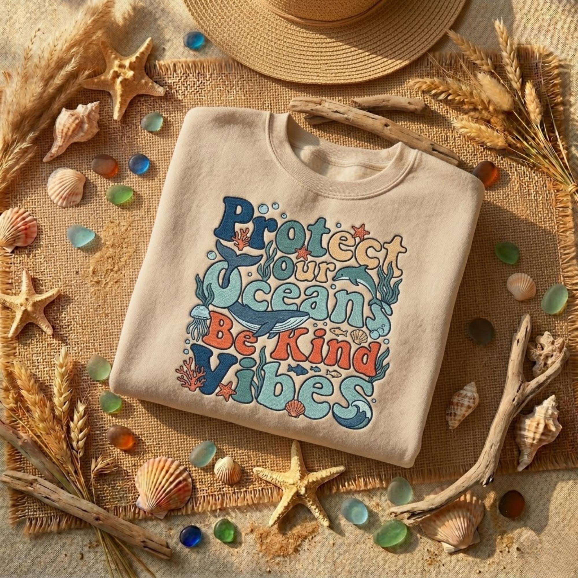 Protect Your Ocean Be Kind Vibes Embroidered Sweatshirt Coastal Aesthetic Shirt Beach Lover Gift Summer Outfit Ocean Lover Crewneck