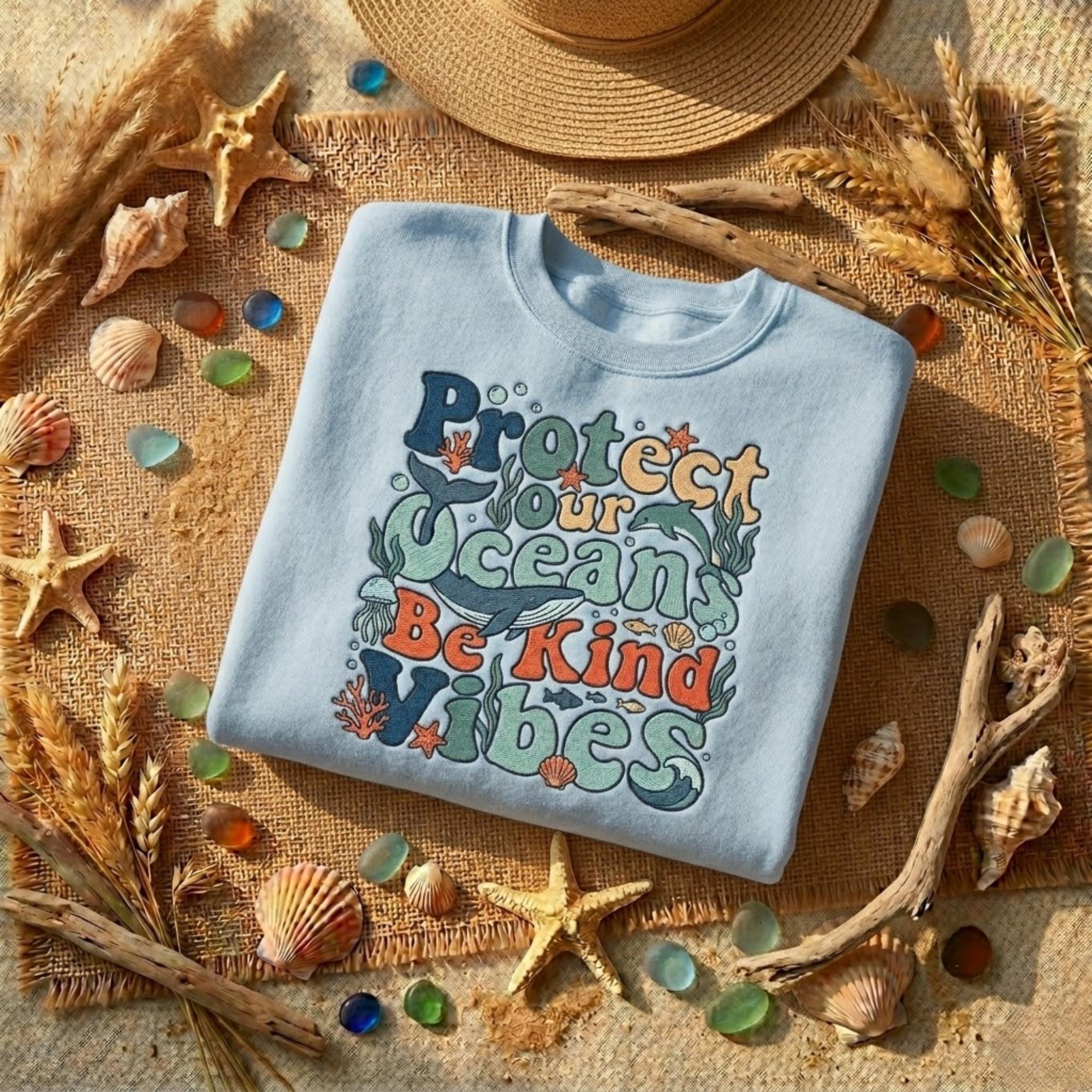 Protect Your Ocean Be Kind Vibes Embroidered Sweatshirt Coastal Aesthetic Shirt Beach Lover Gift Summer Outfit Ocean Lover Crewneck