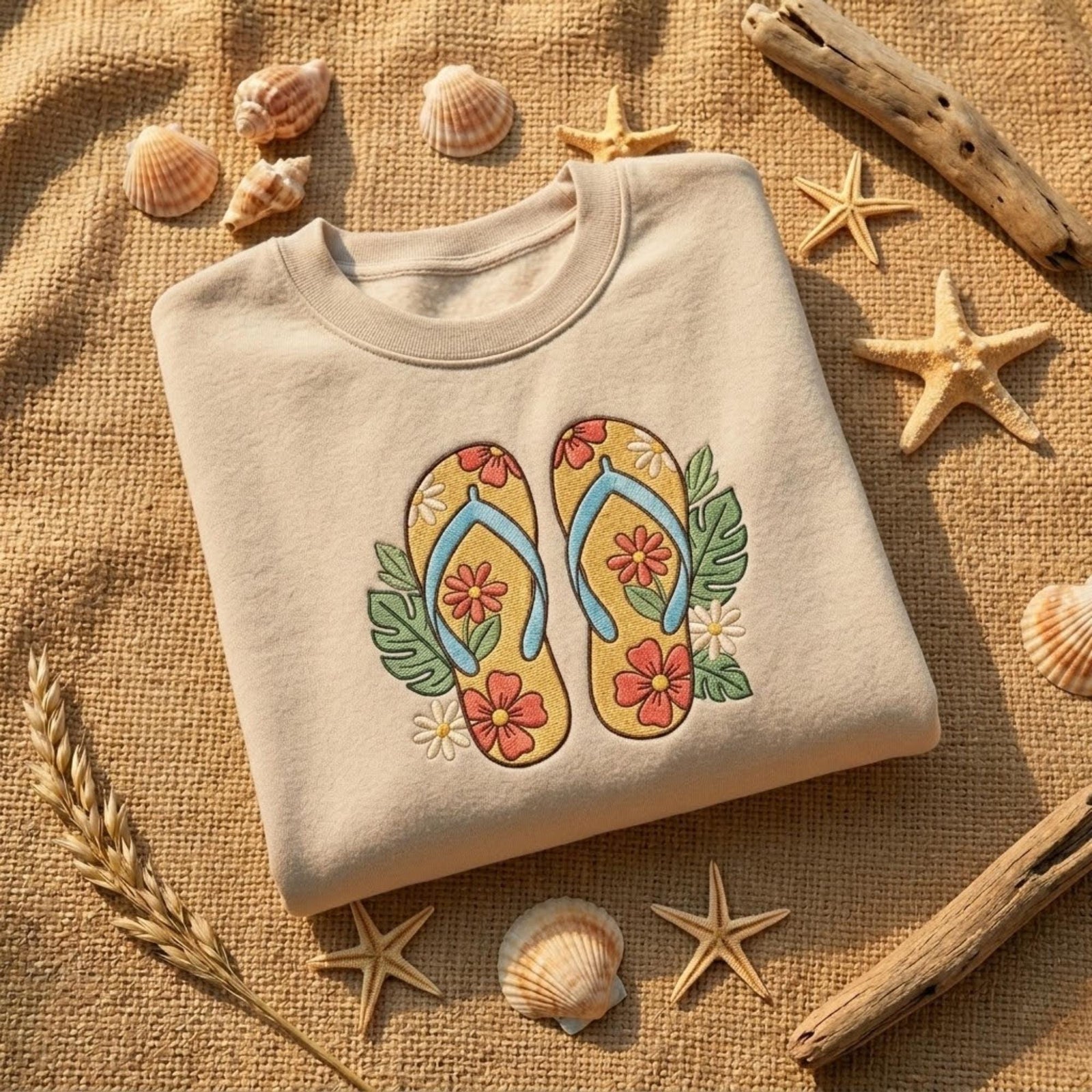 Flip Flop Embroidered Sweatshirt Beach Lover Gift Summer Aesthetic Coastal Shirt Tropical Flower Sandal Cute Vacation Crewneck