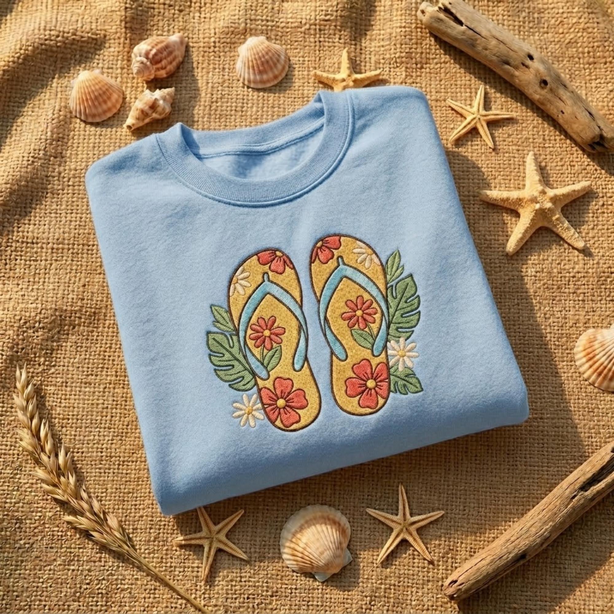 Flip Flop Embroidered Sweatshirt Beach Lover Gift Summer Aesthetic Coastal Shirt Tropical Flower Sandal Cute Vacation Crewneck