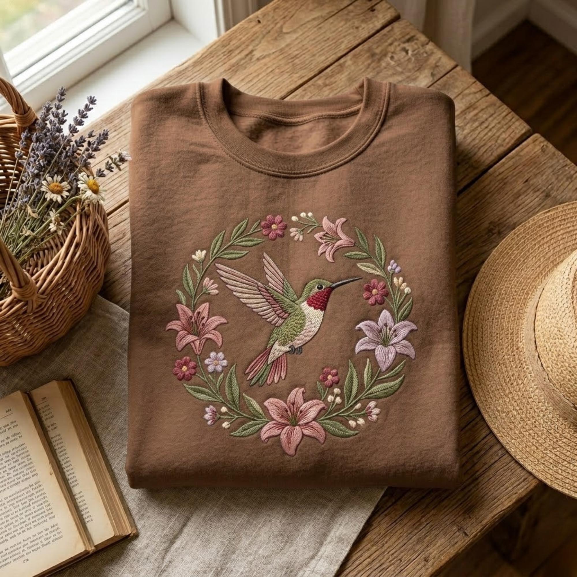 Hummingbird Embroidered Sweatshirt Ruby Throated Bird Crewneck Floral Wreath Shirt Nature Lover Gift For Her Aesthetic Botanical Boho Cloth